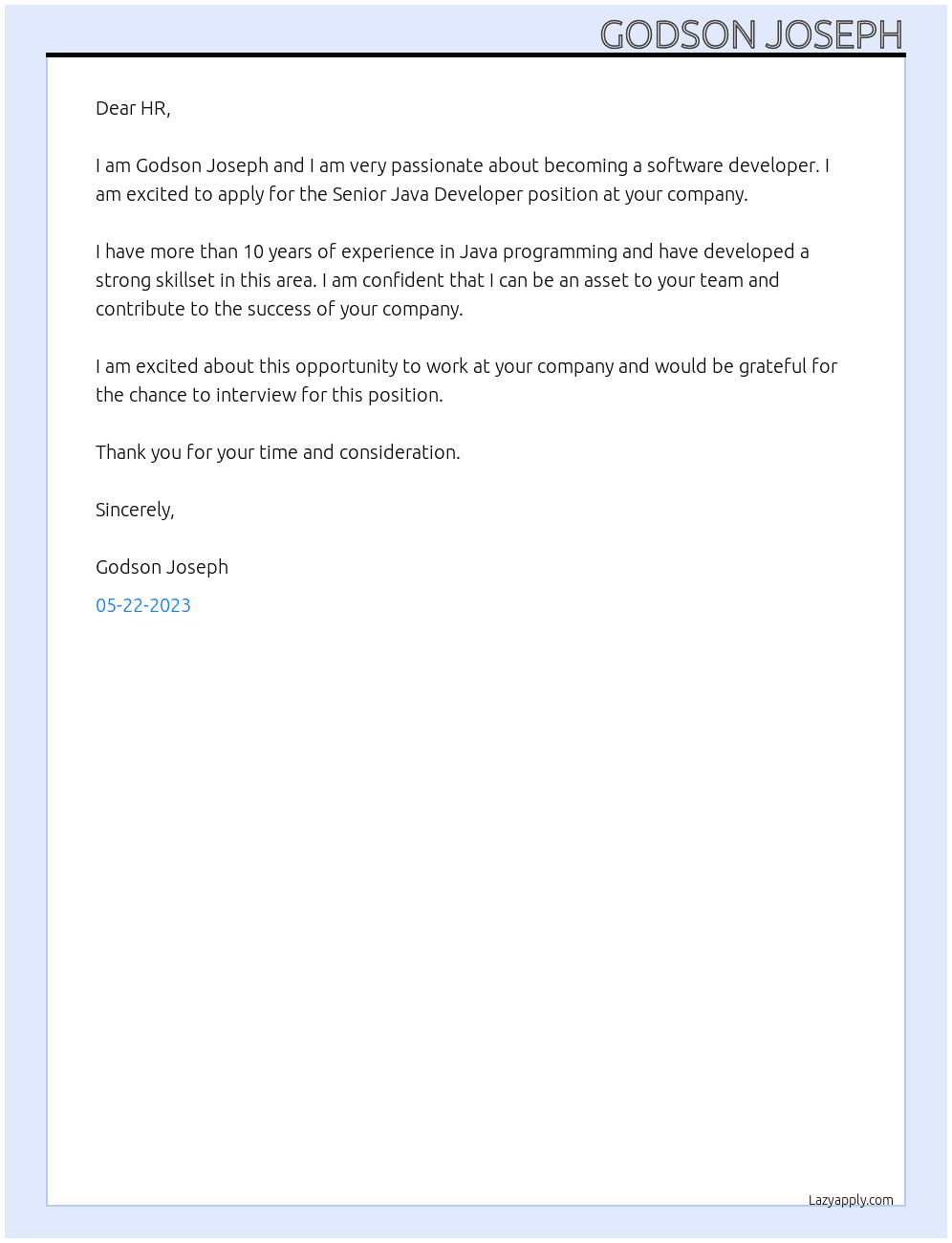 Software Developer At Senior Java Developer Cover Letter