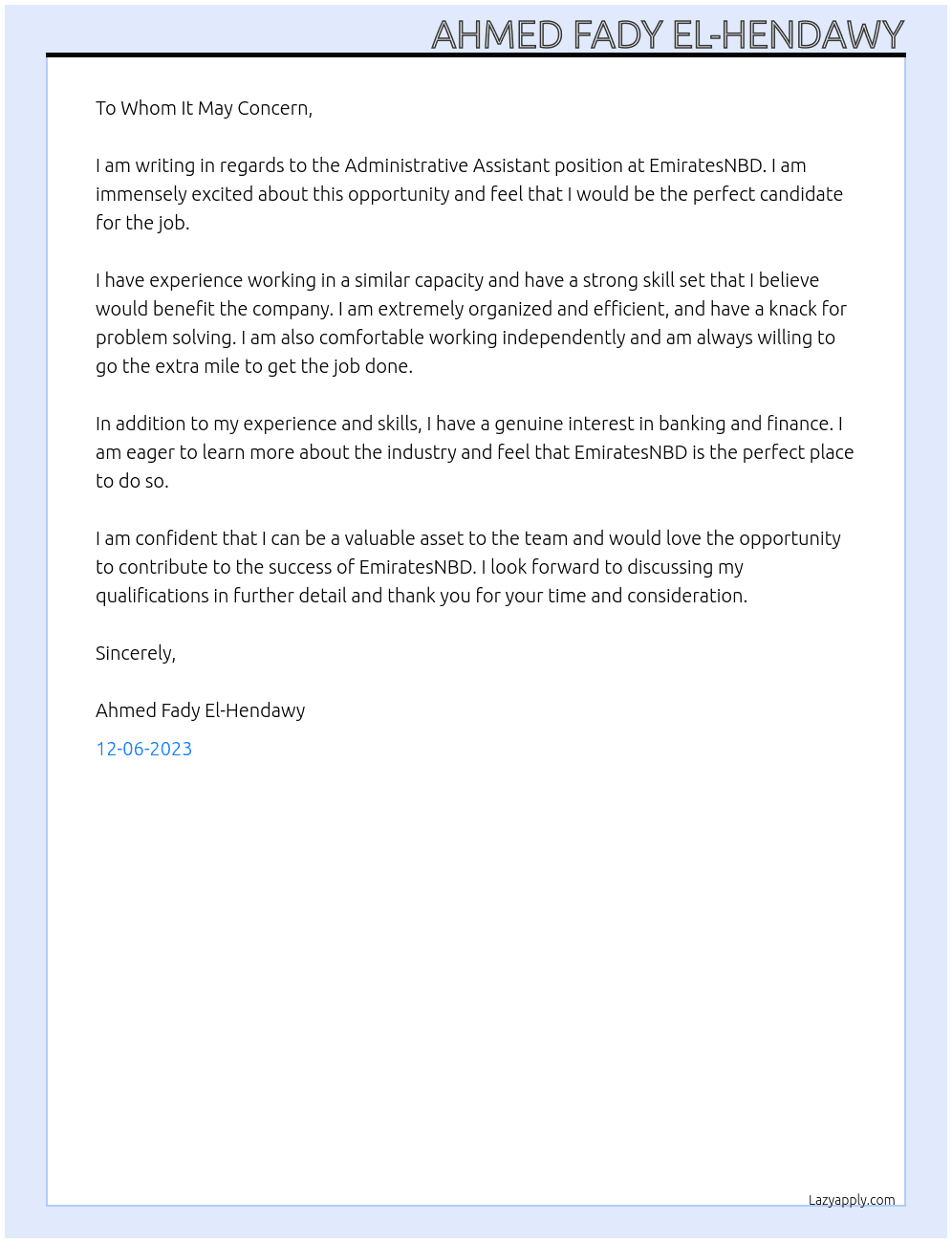 Administrative Assisrant At EmiratesNBD Cover Letter