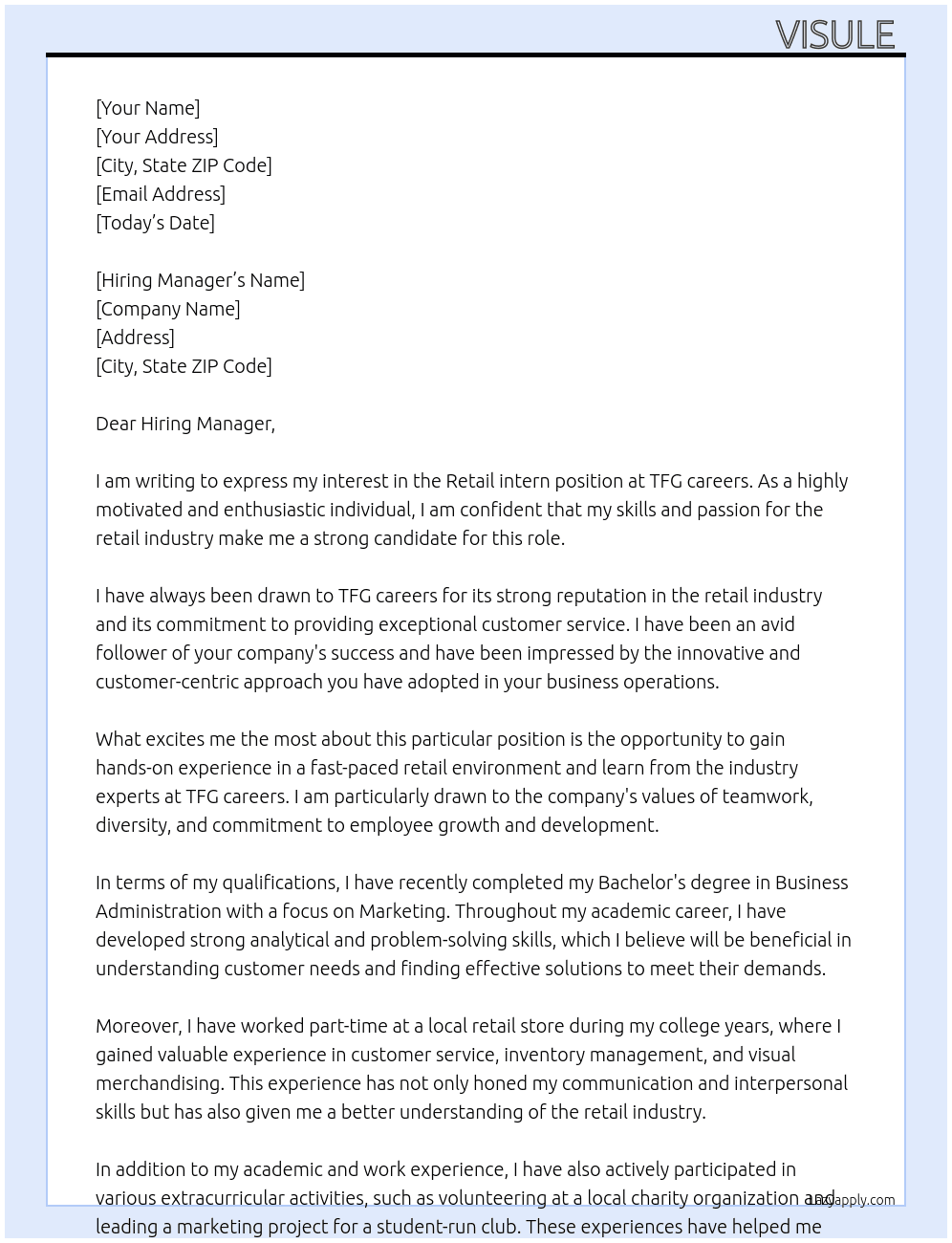 Retail intern At TFG careers Cover Letter