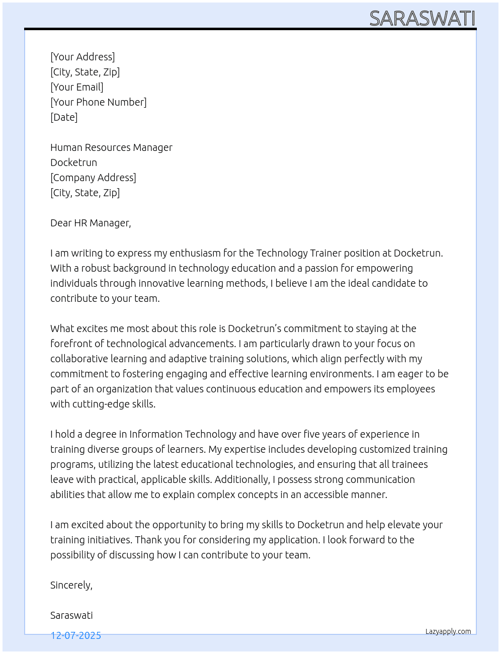 Technology Trainer At Docketrun Cover Letter