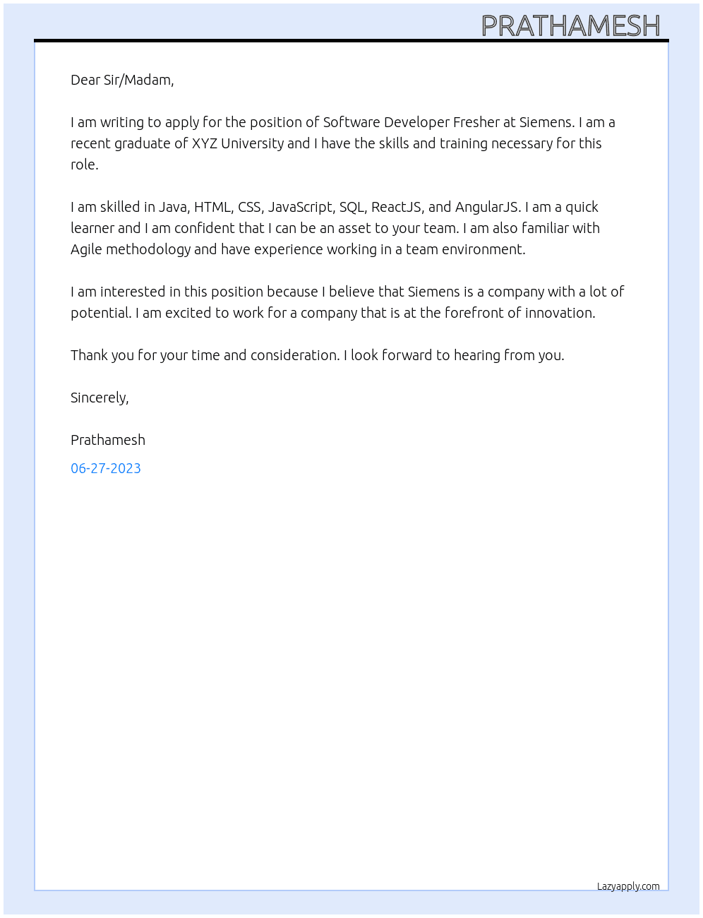 Software developer fresher  At Siemens  Cover Letter