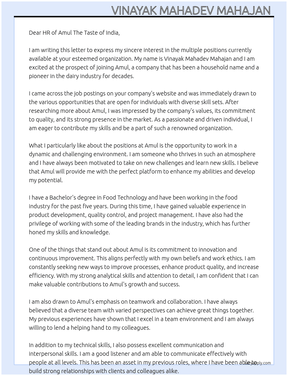 Post of Multiple  At Amul The Taste of india  Cover Letter