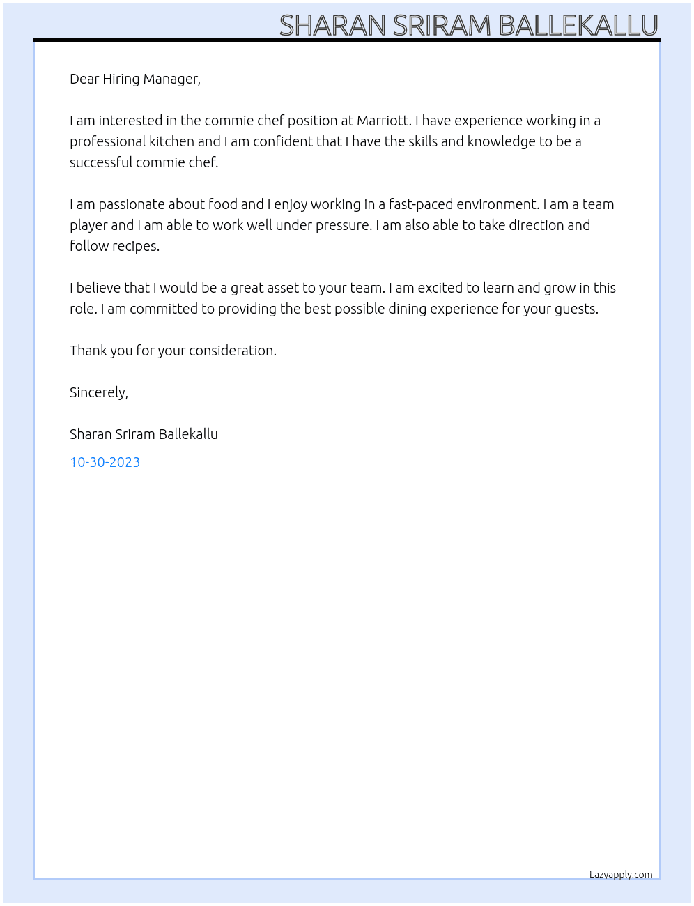 Commie chef At Marriott  Cover Letter