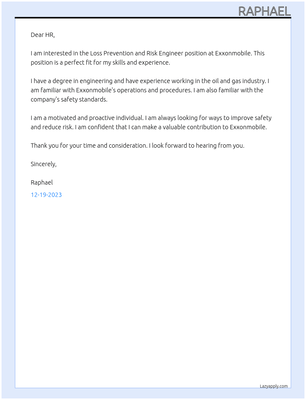 Loss Prevention and Risk Engineer At Exxonmobile Cover Letter