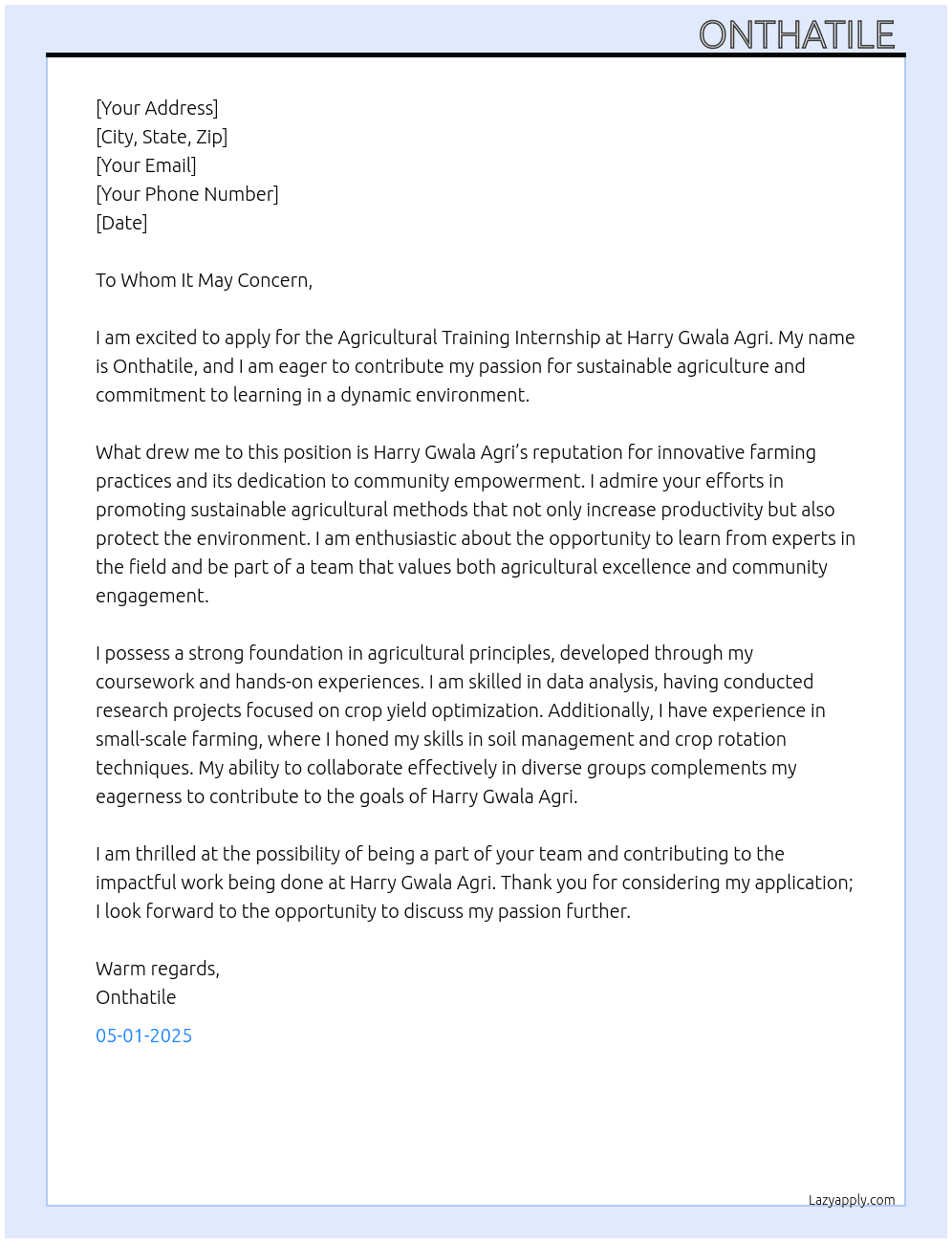 Agricultural training  At Harry Gwala Agri Cover Letter