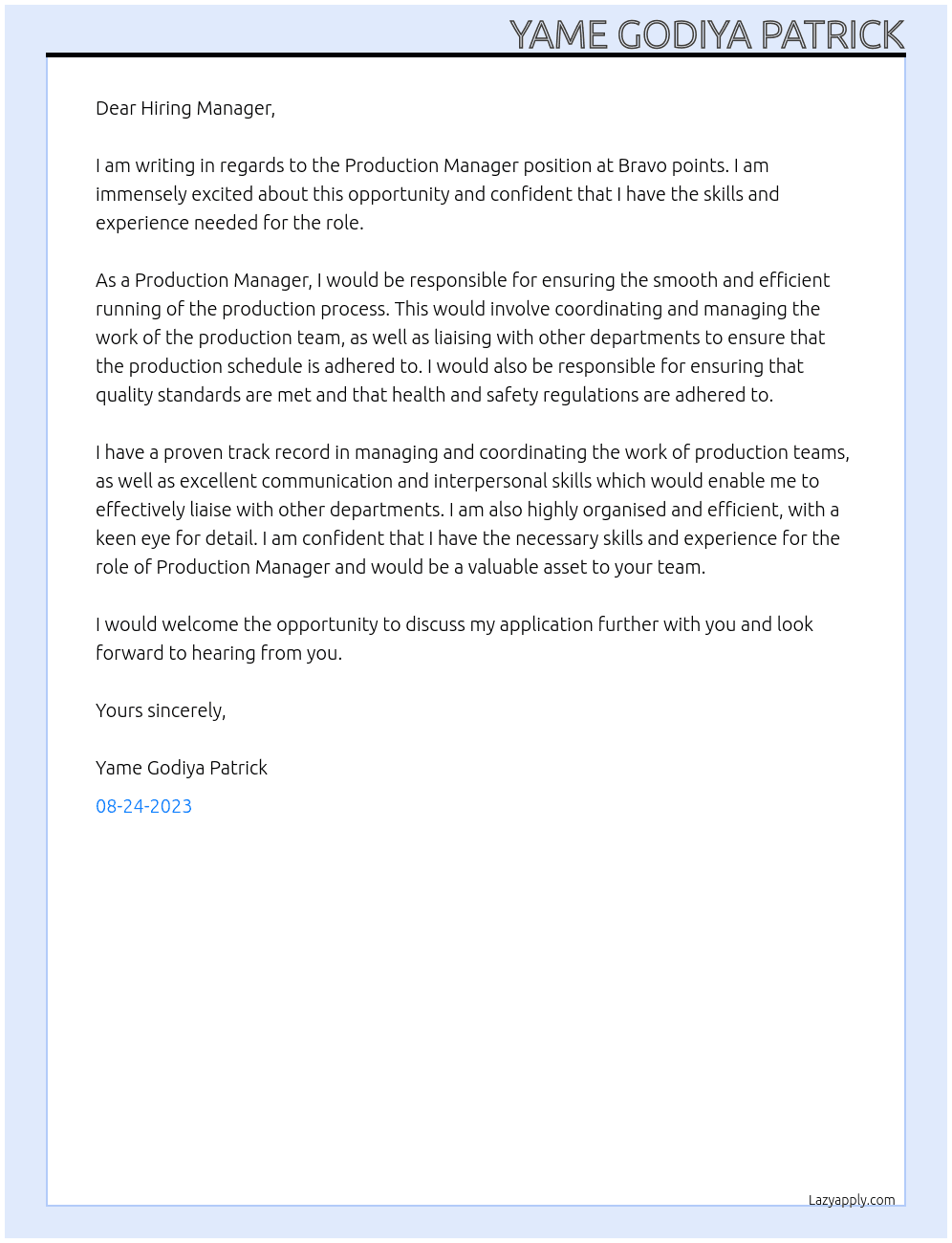 Production Manager At Bravo points  Cover Letter
