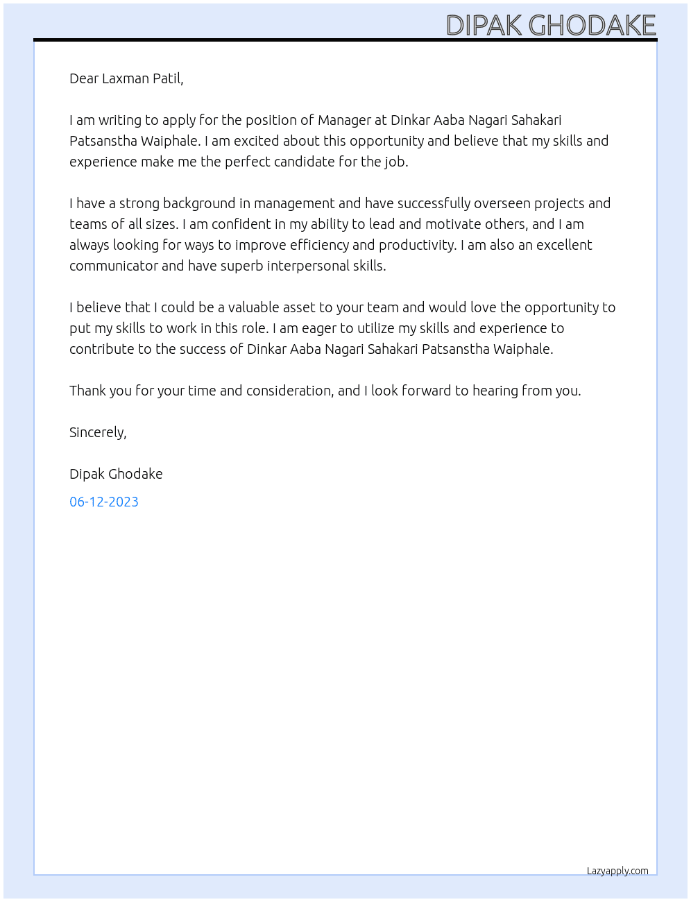 Manager At Dinkar Aaba Nagari Sahakari Patsanstha Waiphale Cover Letter