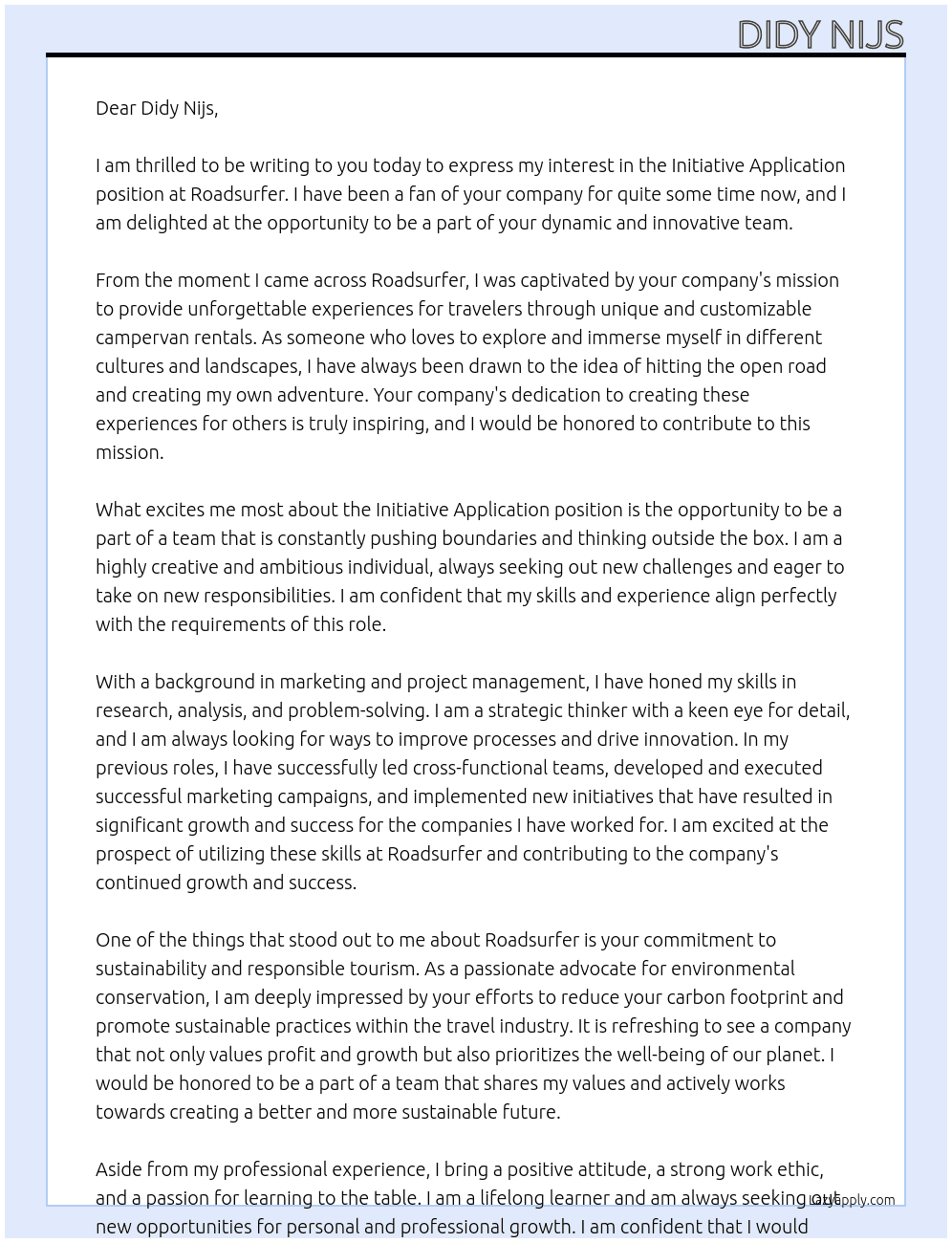 Initiative application At Roadsurfer Cover Letter