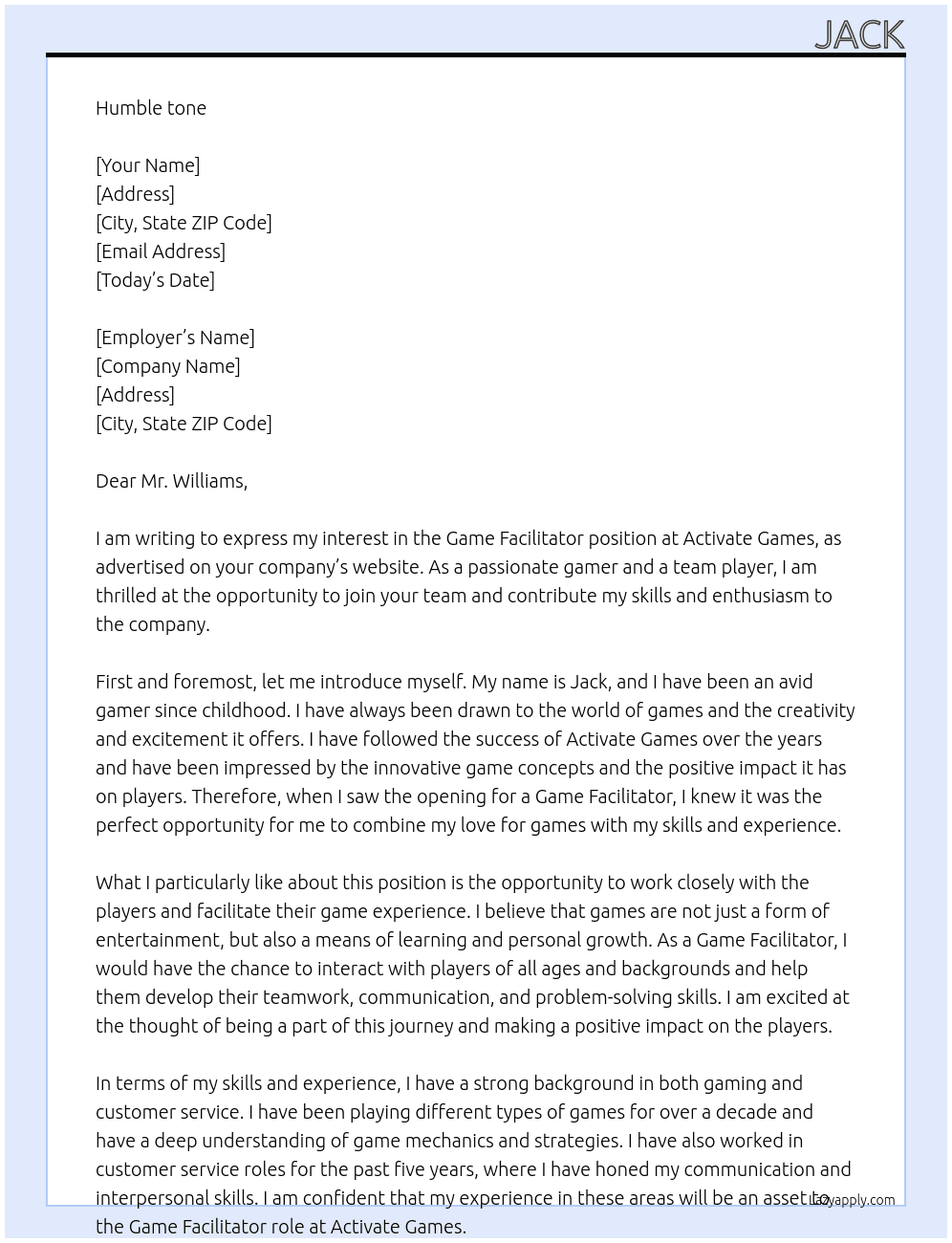 Game Facilitator At Activate Games Cover Letter