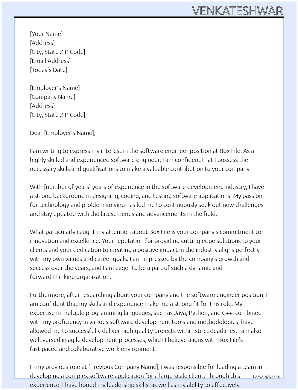 software engineer At Box File Cover Letter