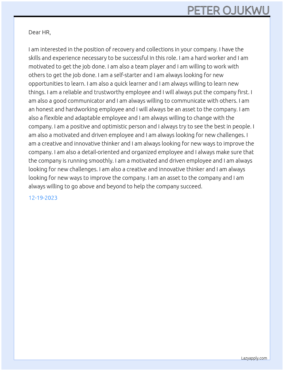 recovery and collections At Head of Recovery and collections Cover Letter