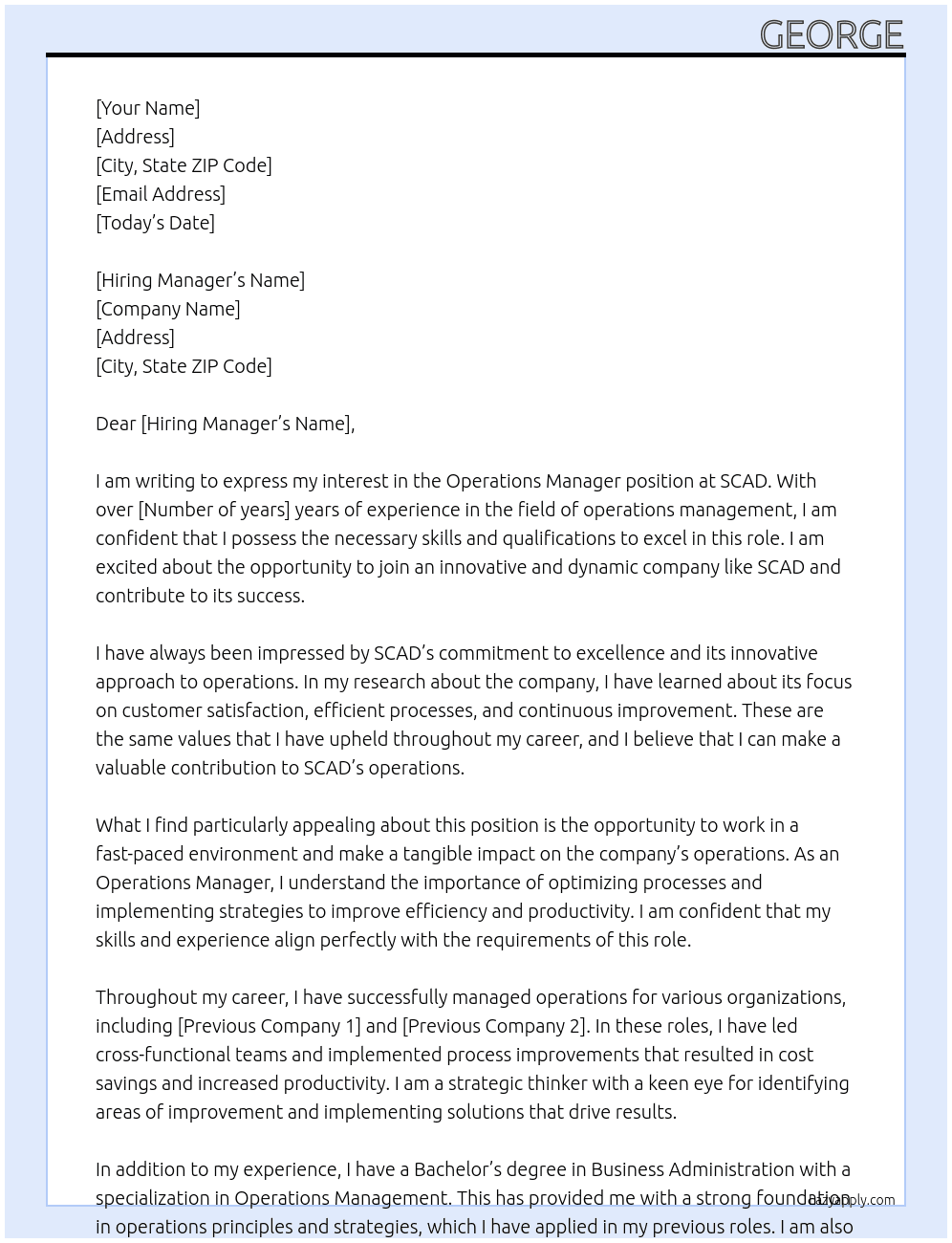 operations manager At scad Cover Letter