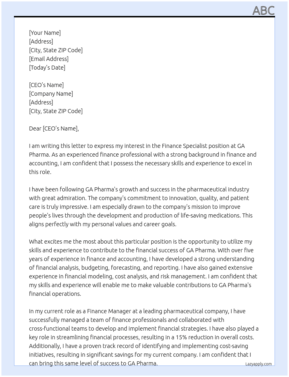 finance specialist At ga pharma Cover Letter