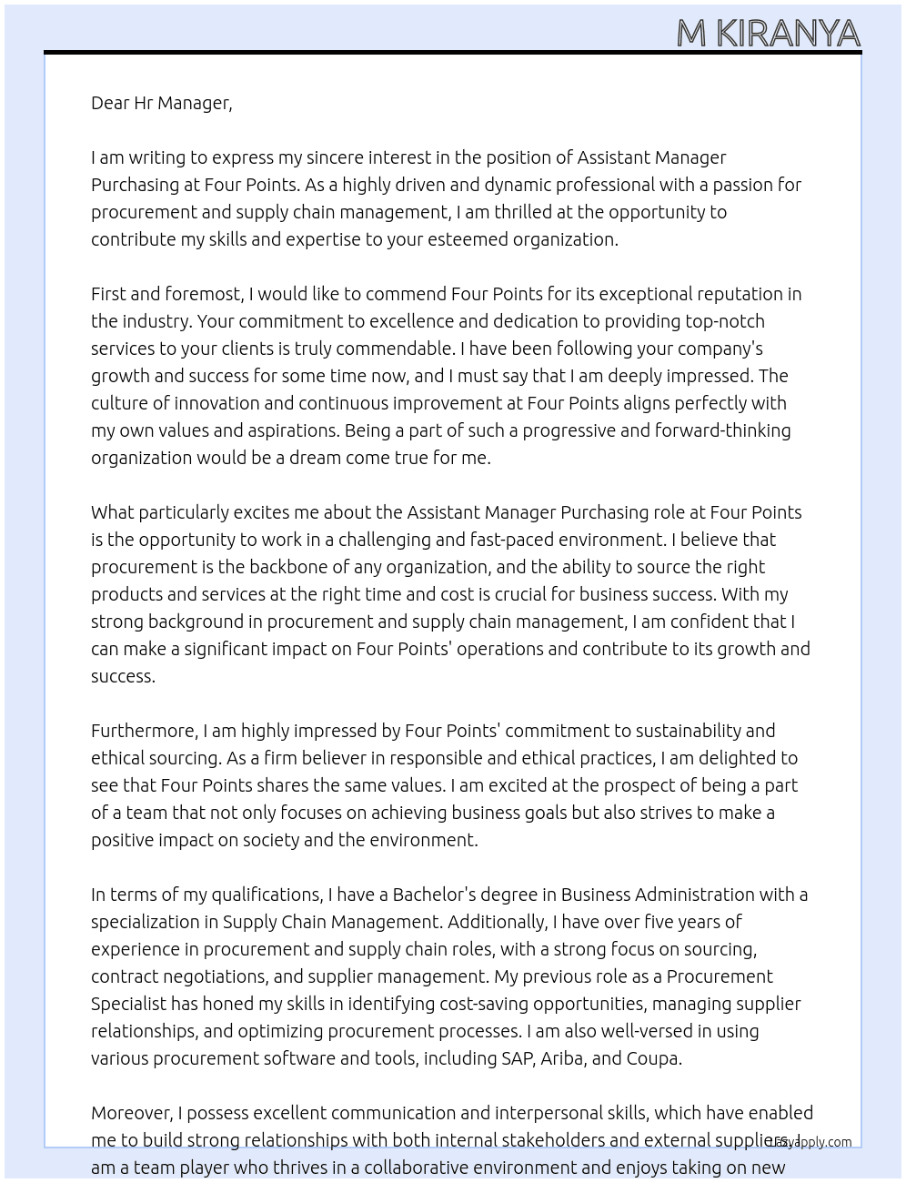 Assistant manager purchasing  At Four points Cover Letter