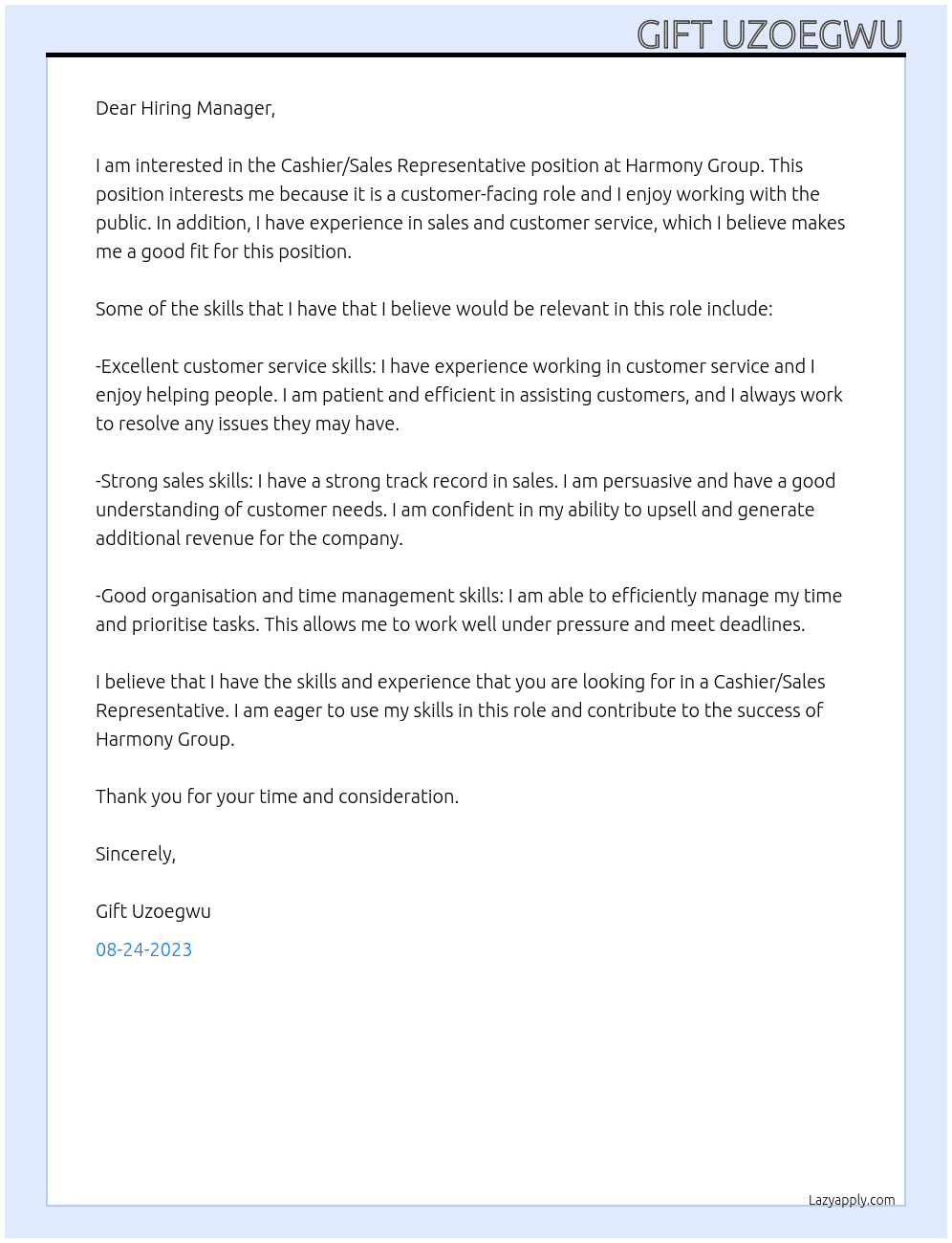 Cashier/Sales Representative  At Harmony Group Cover Letter