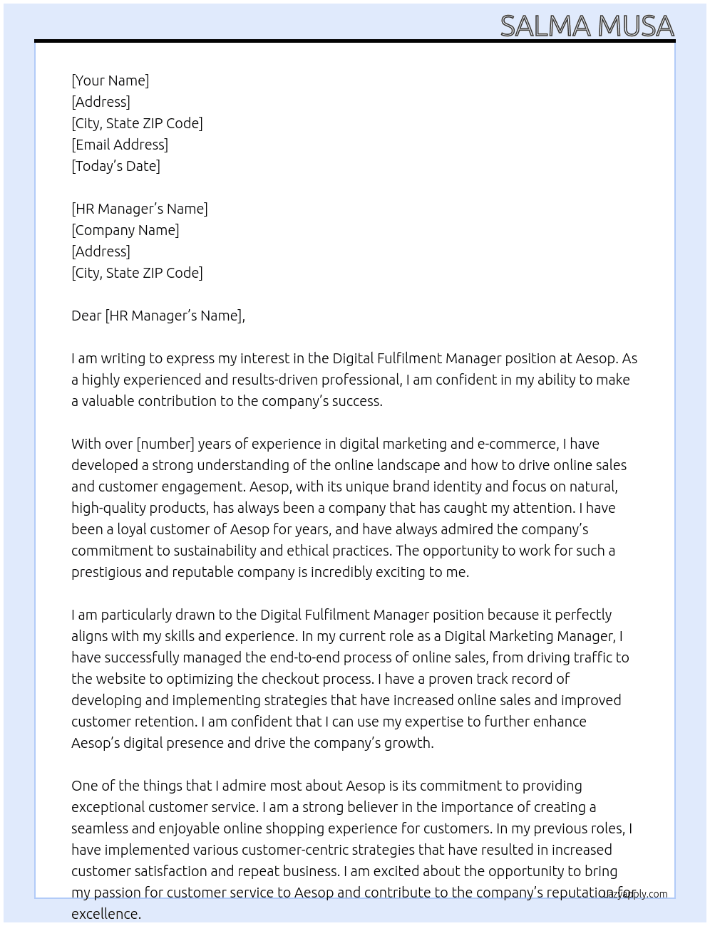 Digital Fulfilment Manager At Aesop Cover Letter