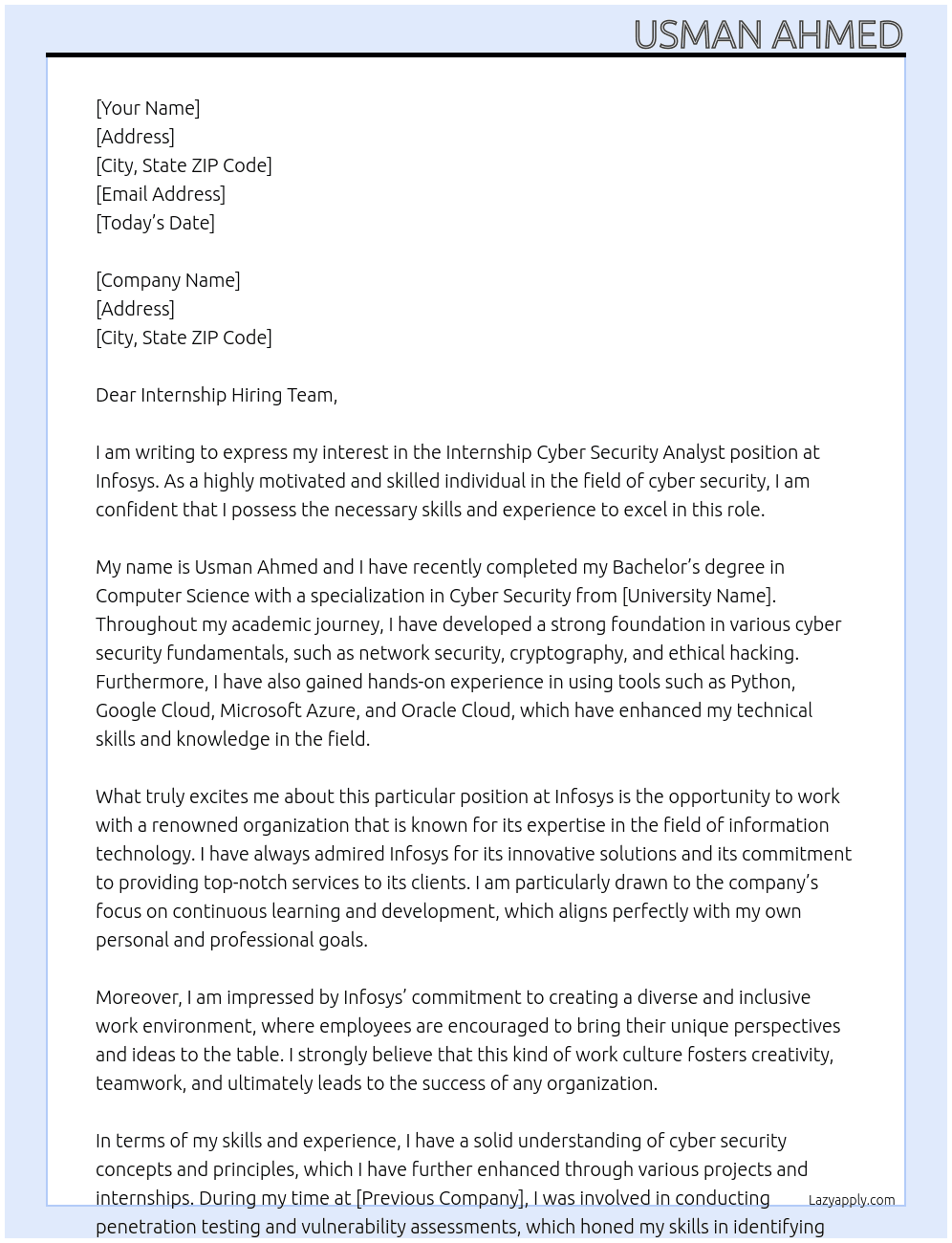 Cover letter for internship cyber security analyst - LazyApply