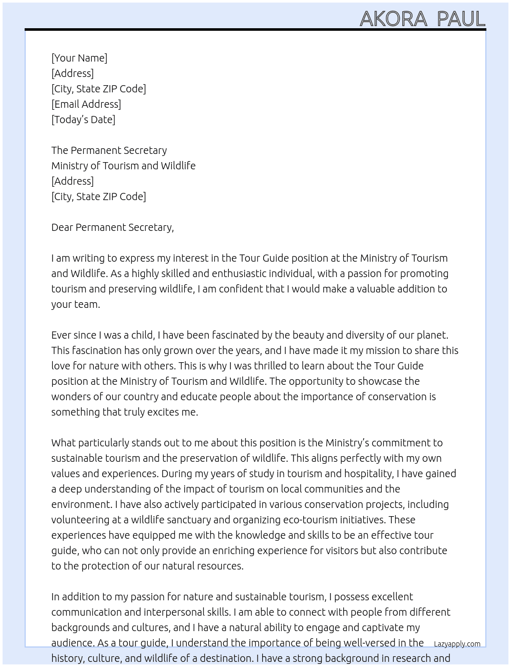 TOUR GUIDE At MINISTRY OF TOURISM AND WILDLIFE Cover Letter