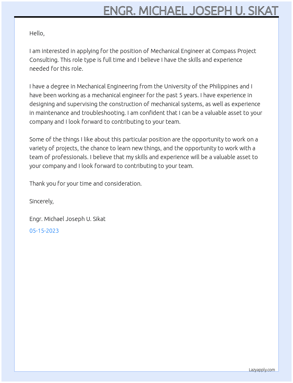 Mechanical Engineer At Compass project Consulting Cover Letter