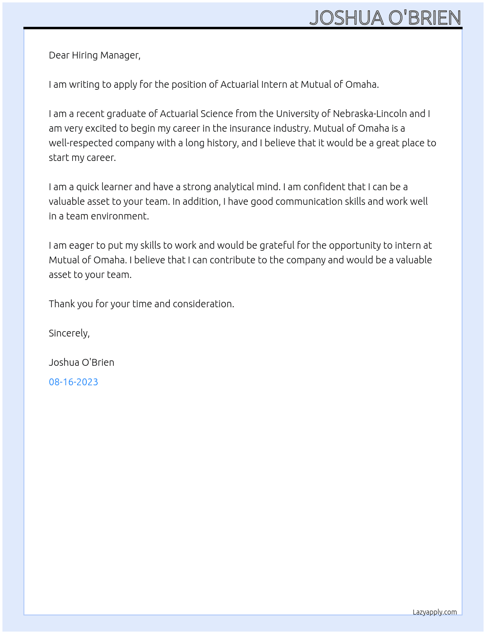 Actuarial Intern At Mutual of Omaha Cover Letter