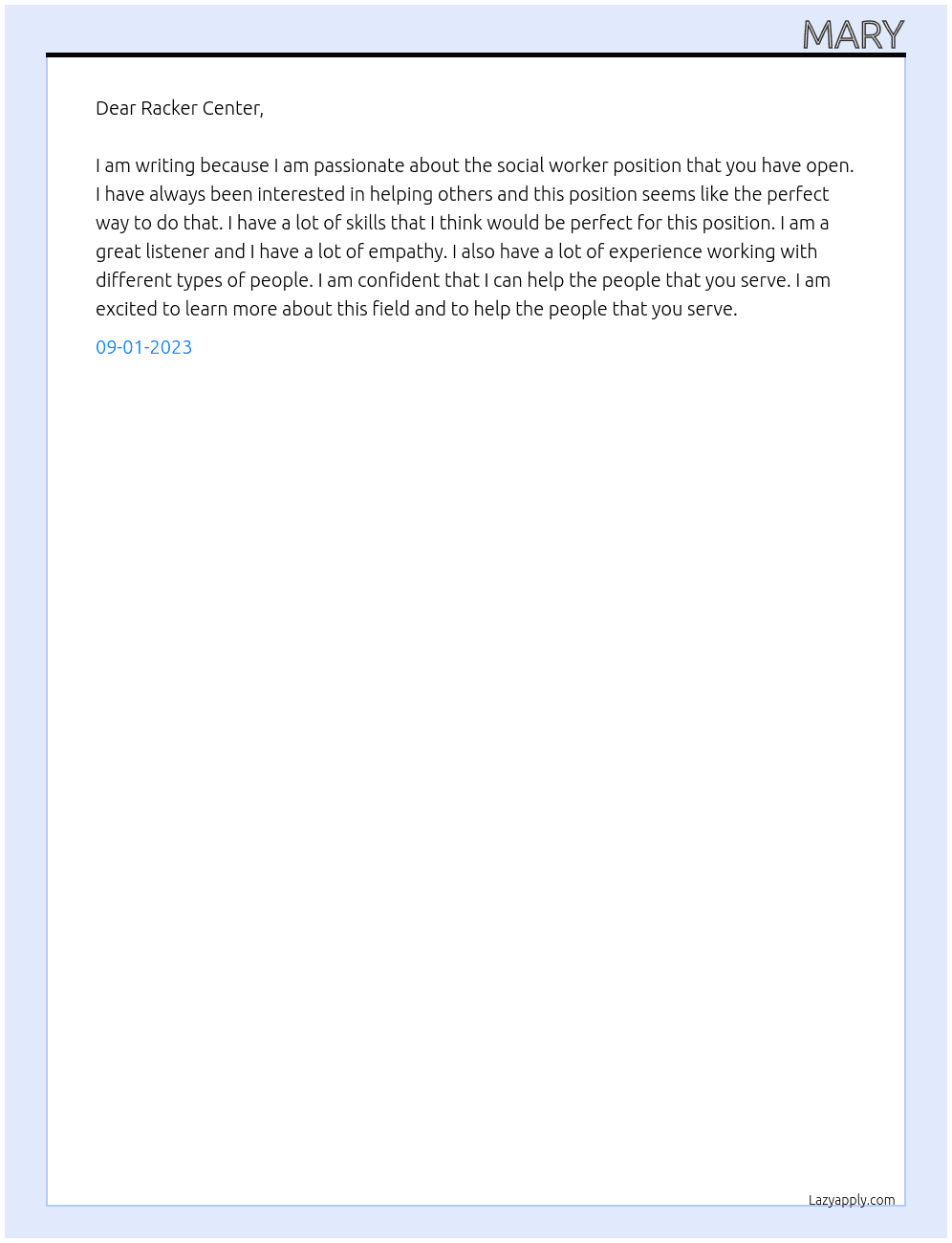Social worker At Racker Center Cover Letter