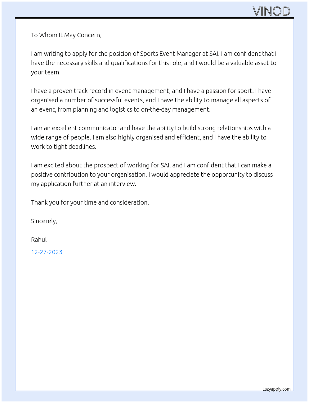 Sports Event Manager  At SAI Cover Letter