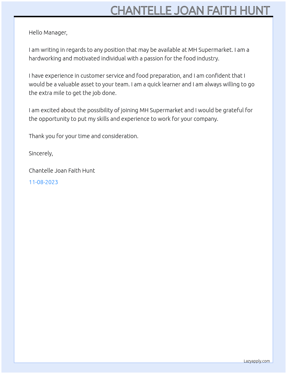 Any position available  At MH Supermarket  Cover Letter
