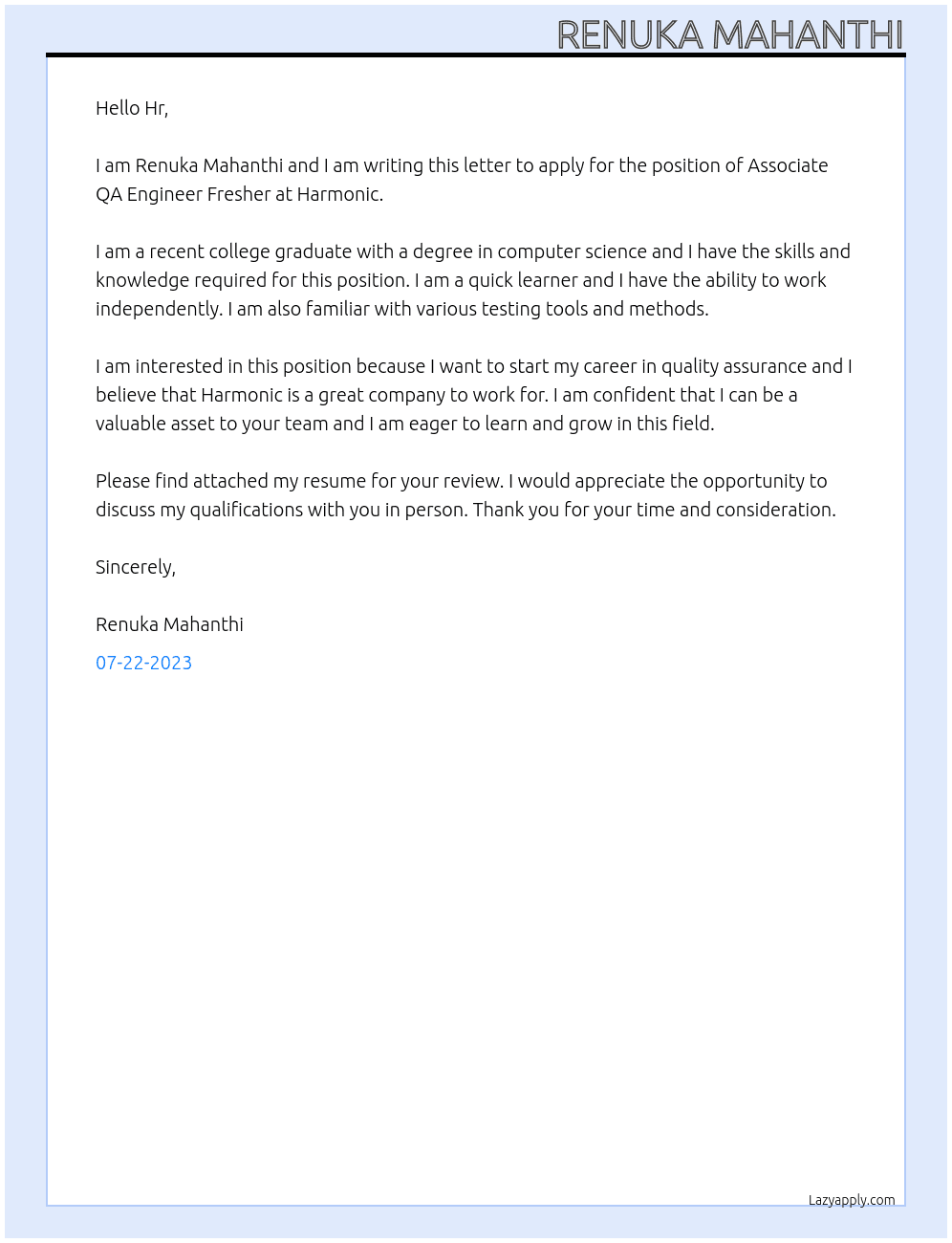 Associate qa engineer fresher At Harmonic  Cover Letter