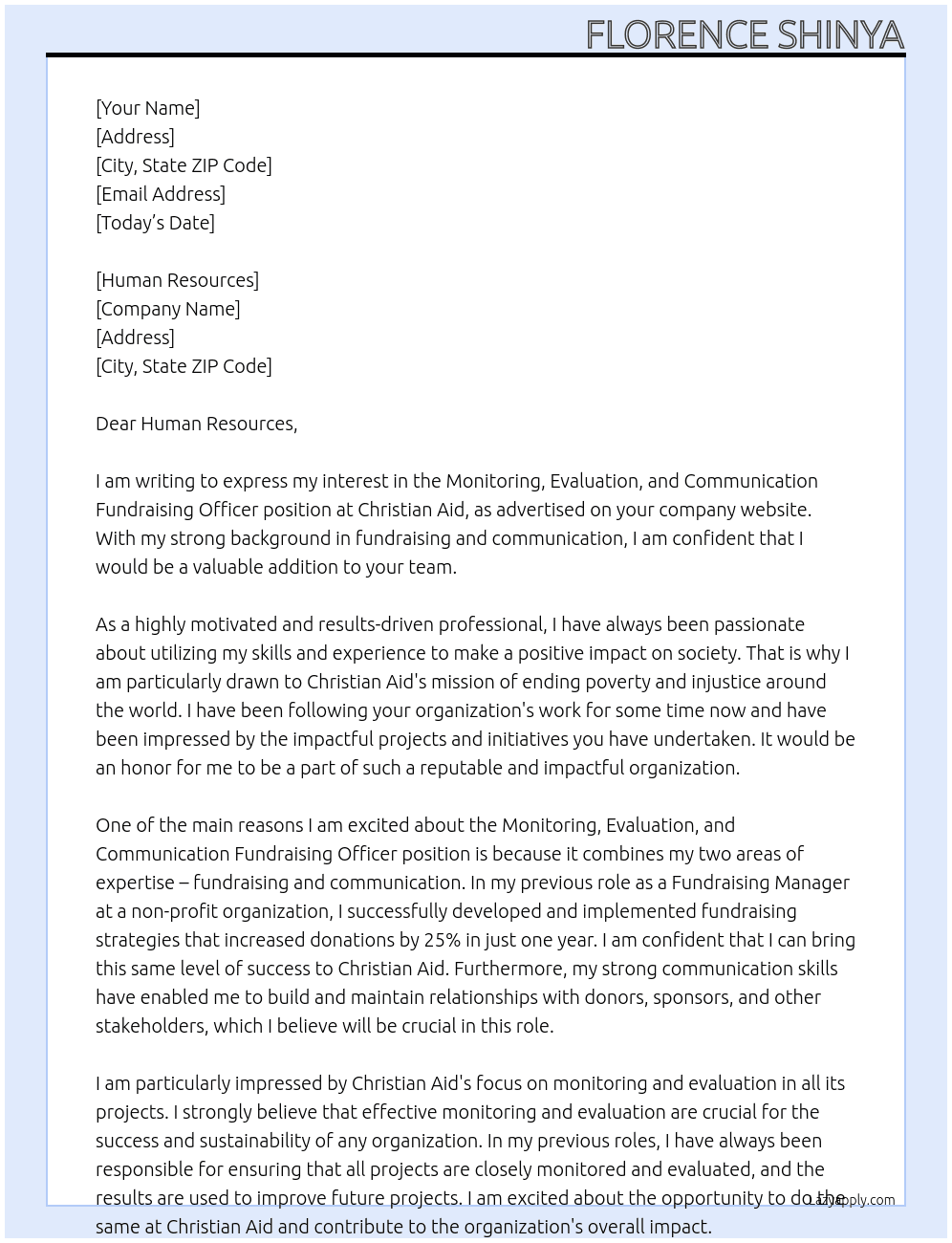 Monitoring evaluation and communication fundraising officer At Christian Aid Cover Letter