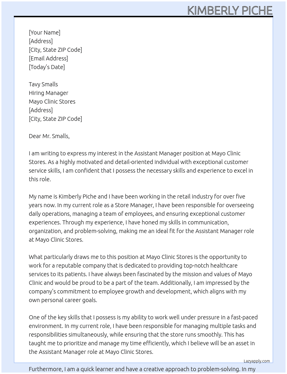 Assistant Manager At Mayo Clinic Stores Cover Letter