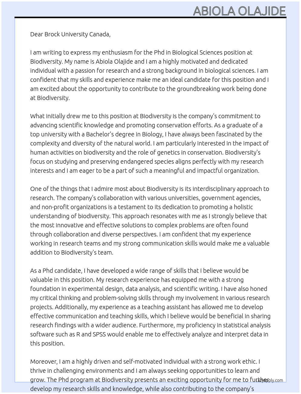 Phd in Biological Sciences At biodiversity Cover Letter
