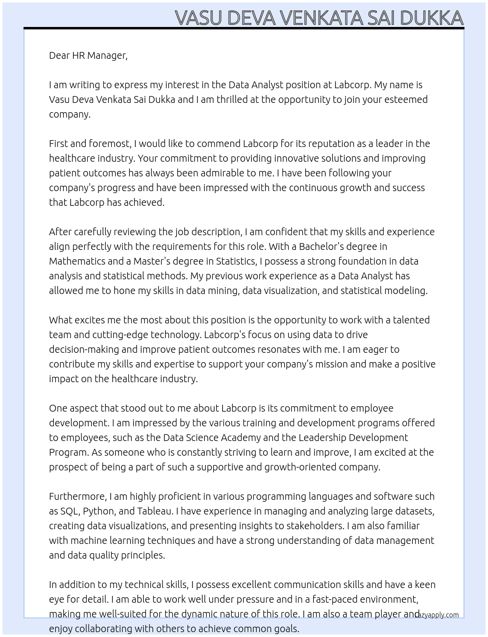 data analyst At Labcorp Cover Letter