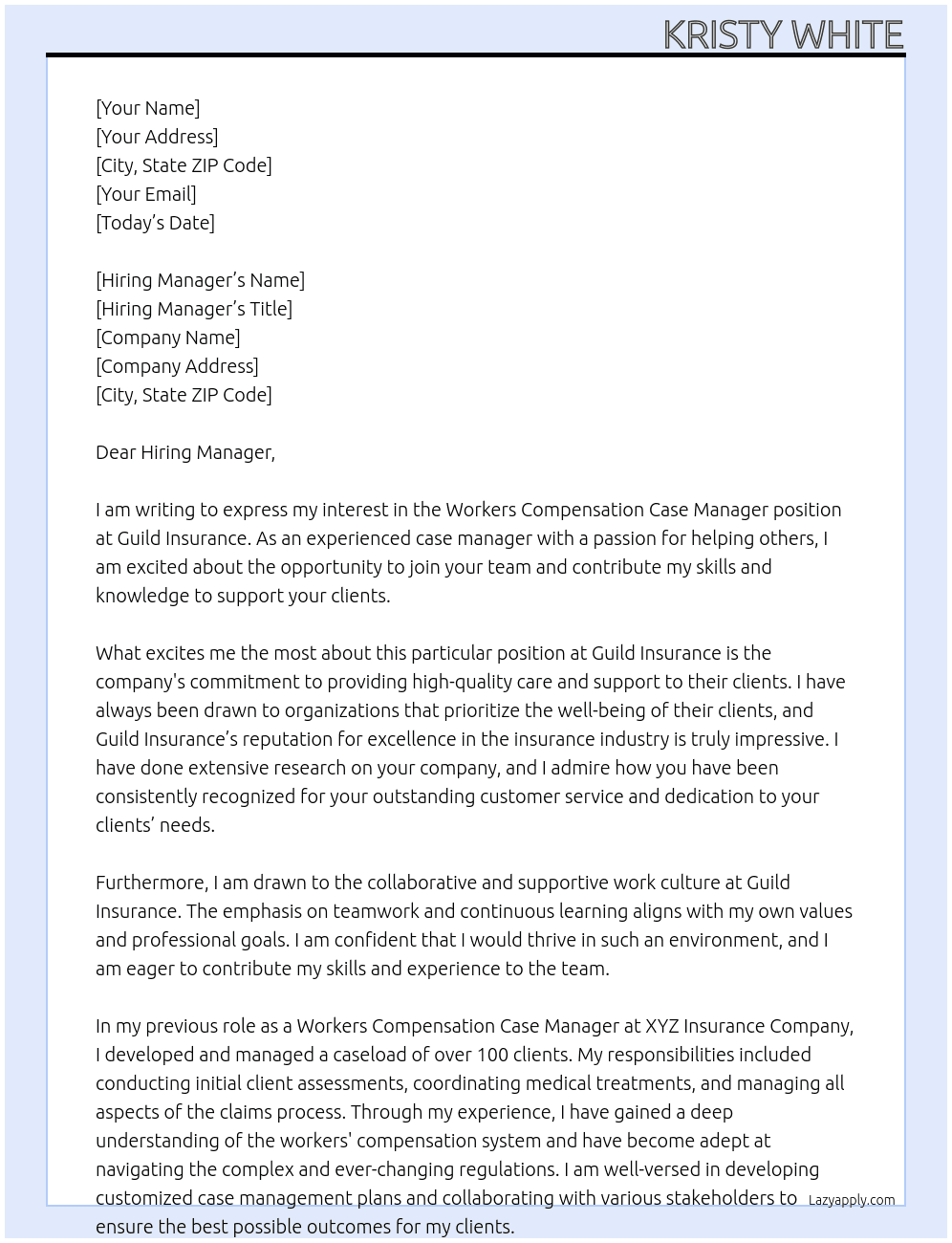 Workers compensation case manager At Guild Insurance Cover Letter
