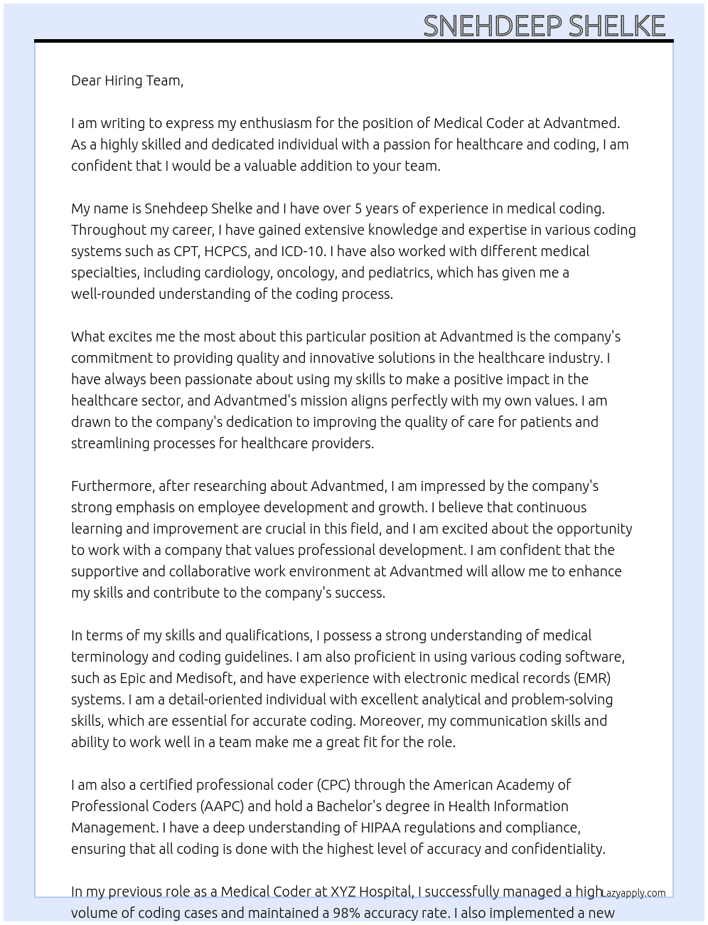 Medical coder At Advantmed Cover Letter