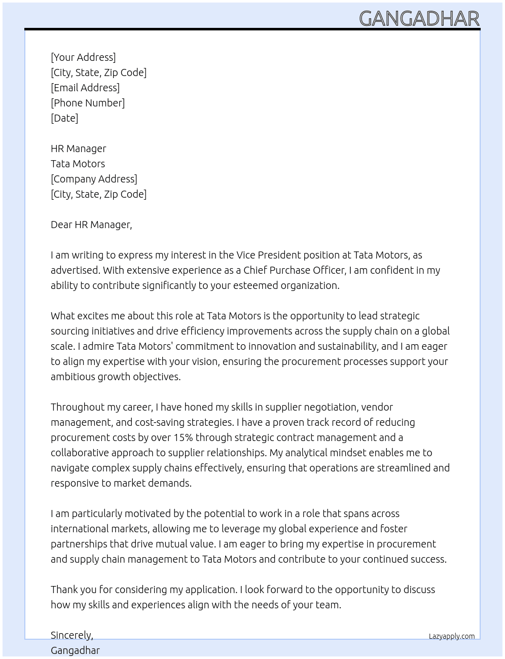 Cover letter for vice president - LazyApply