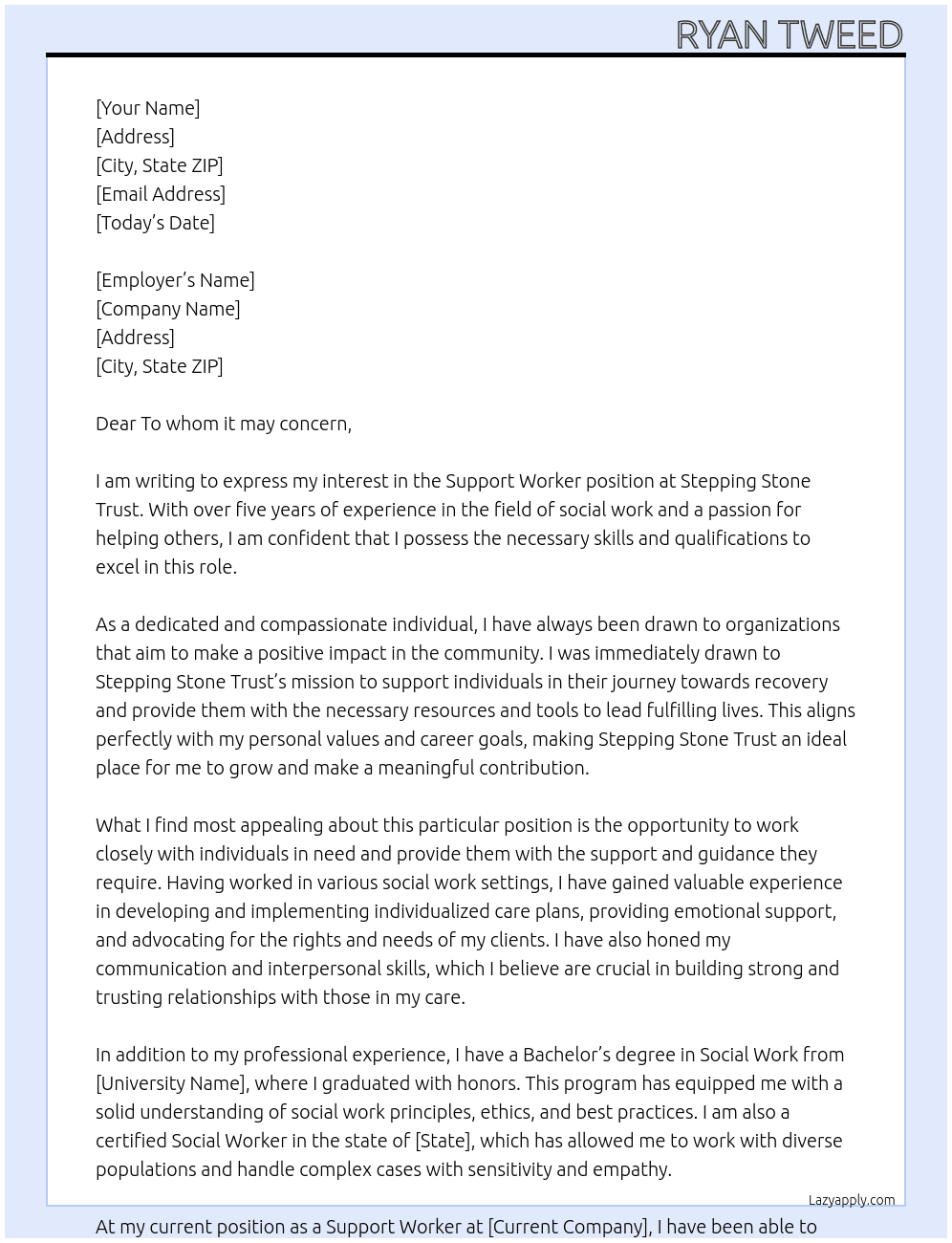 Support Worker At Stepping Stone Trust Cover Letter