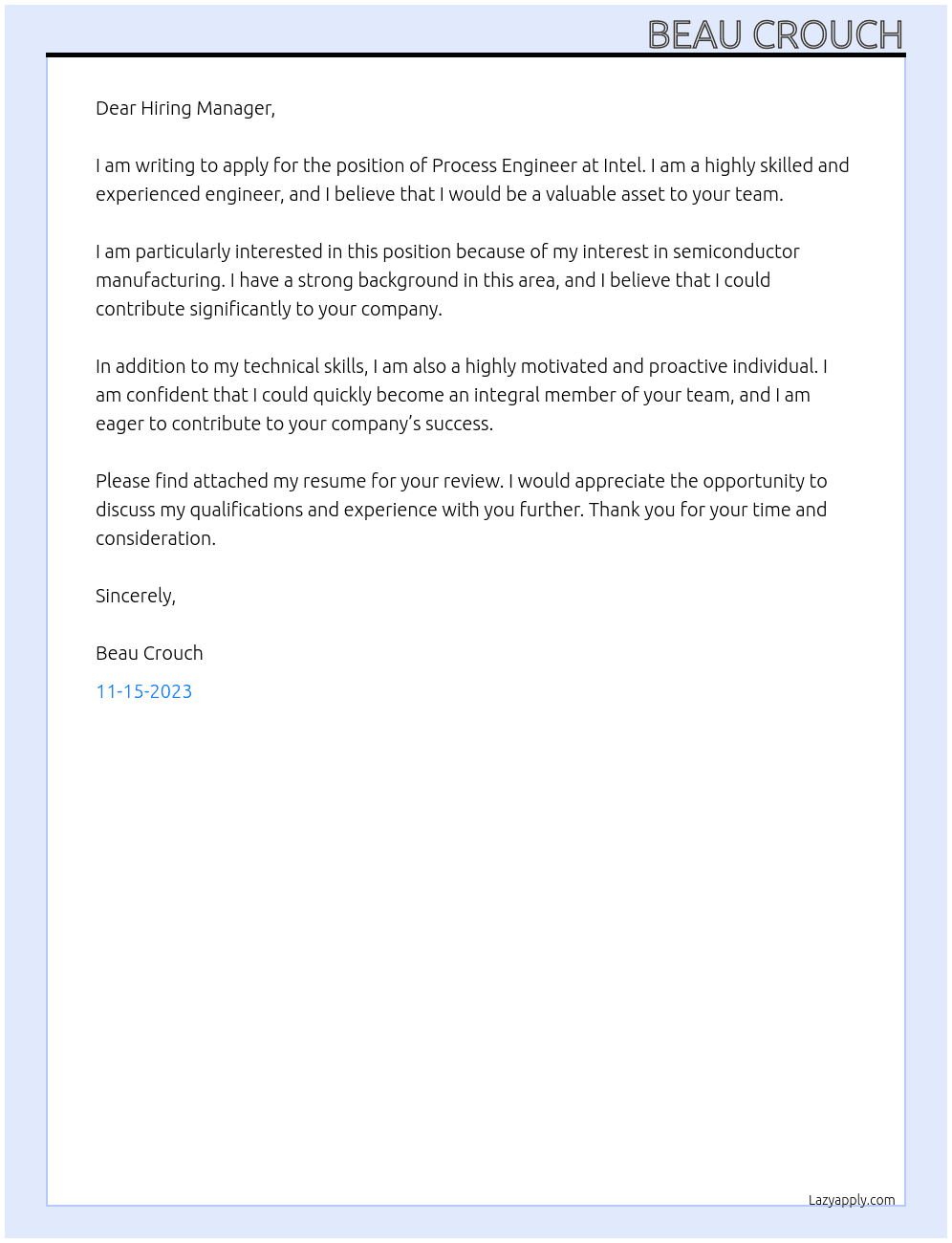 Process Engineer At Intel Cover Letter