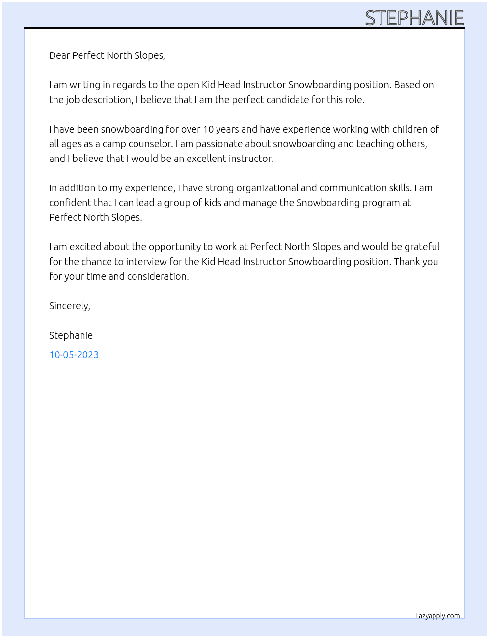 Kid Head Instructor Snowboarding At Perfect North Slopes Cover Letter