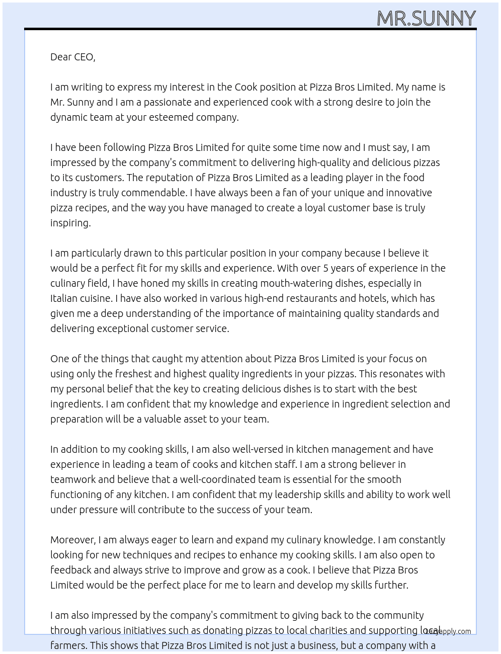 Cook  At Pizza Bros Limited Cover Letter