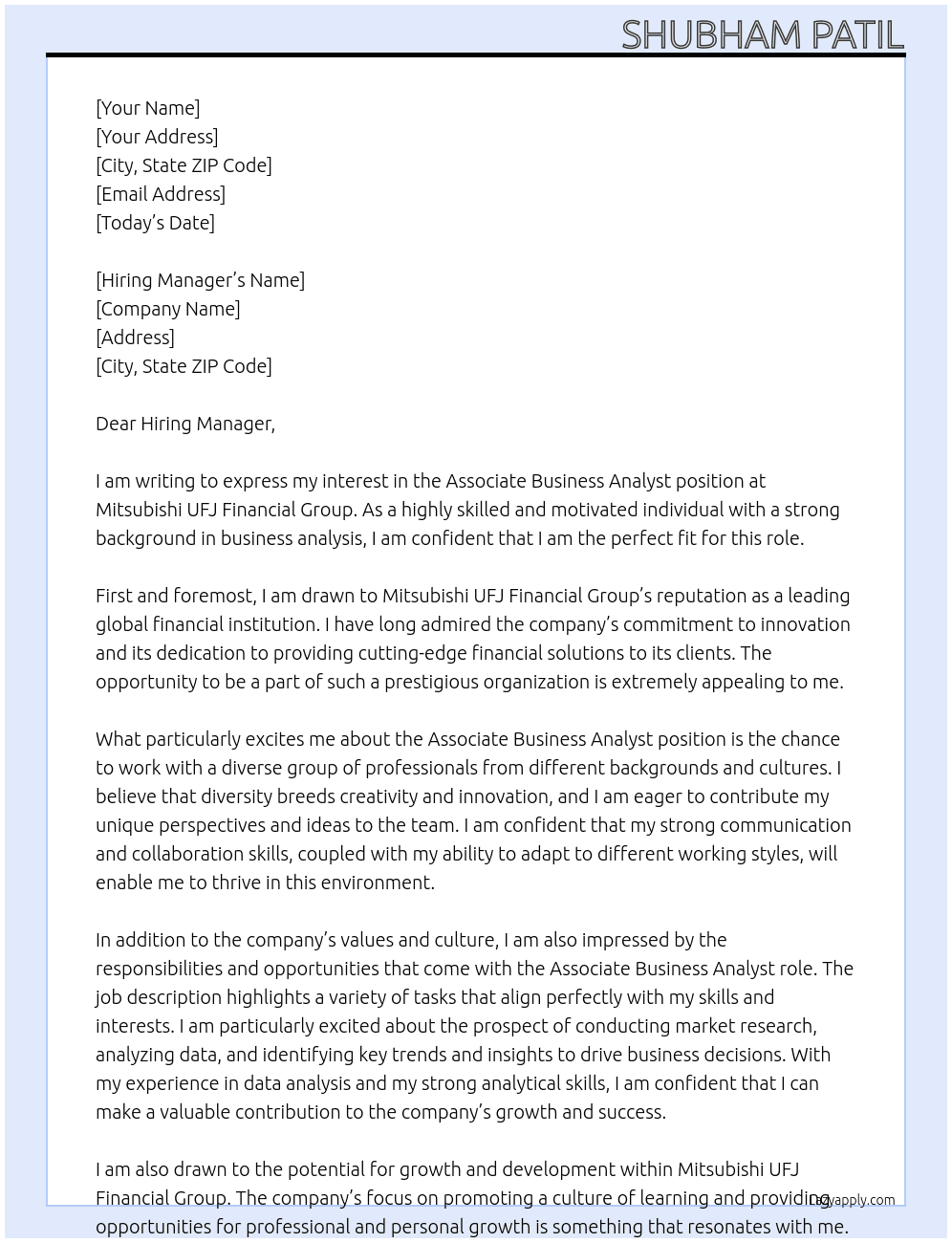 Associate Business Analyst At Mitsubishi UFJ Financial Group Cover Letter
