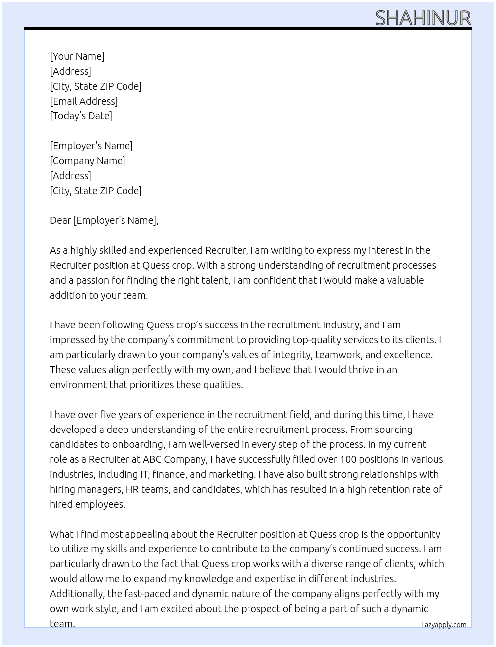 Recruiter At Quess crop Cover Letter