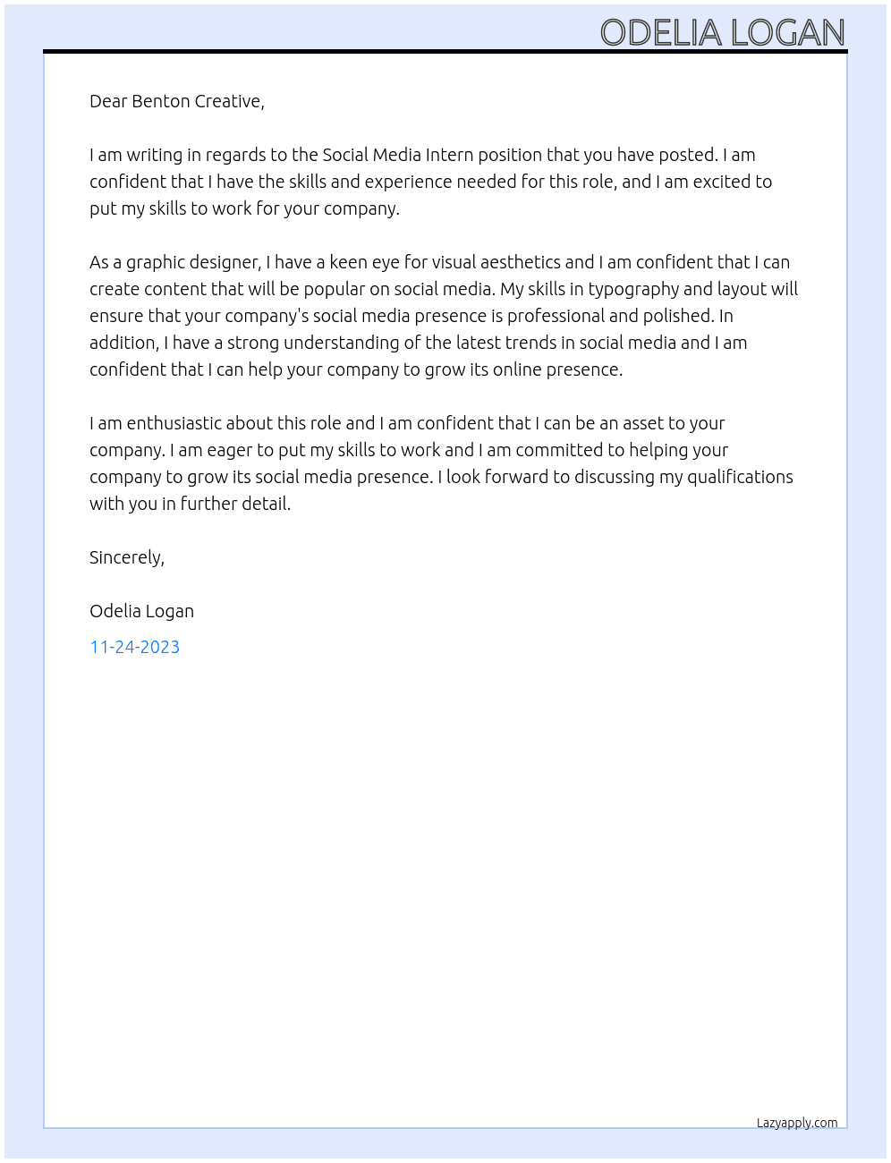 Social Media Intern At Benton Creative Cover Letter