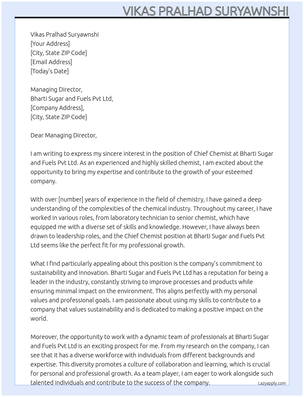 chief chemist At bharti sugar and fuels pvt ltd Cover Letter
