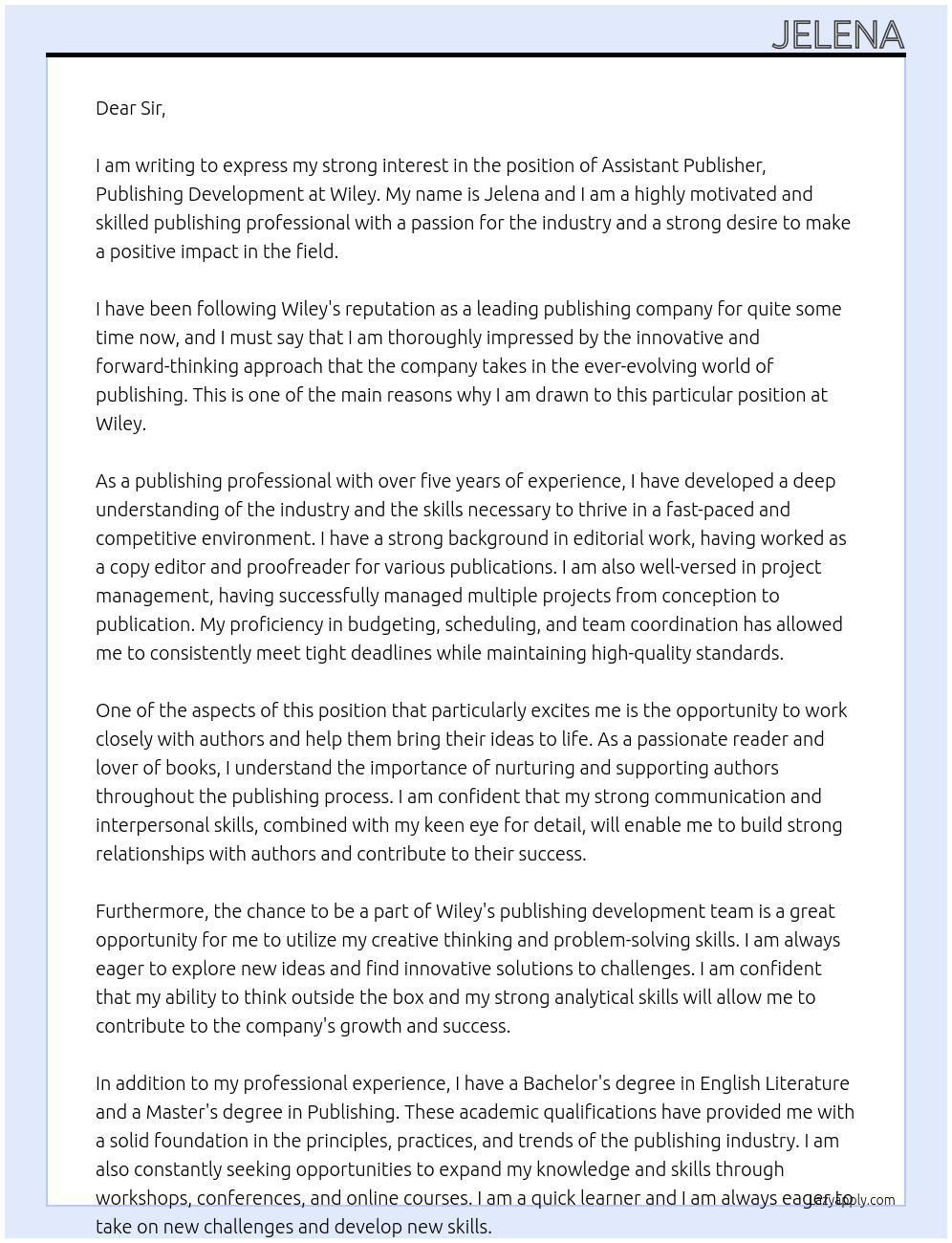 Assistant Publisher, Publishing Development At Wiley Cover Letter