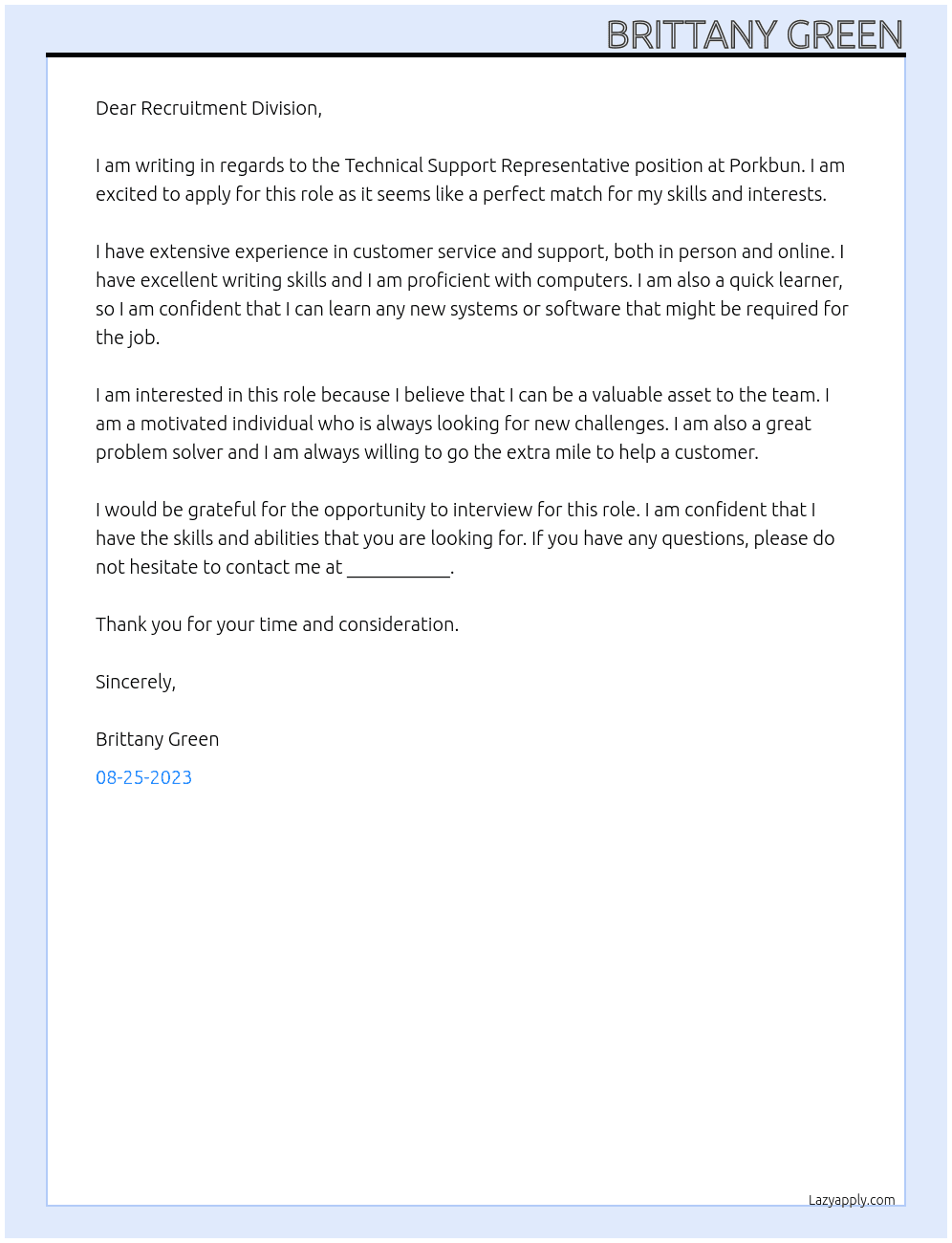 Technical Support Representative At Porkbun Cover Letter