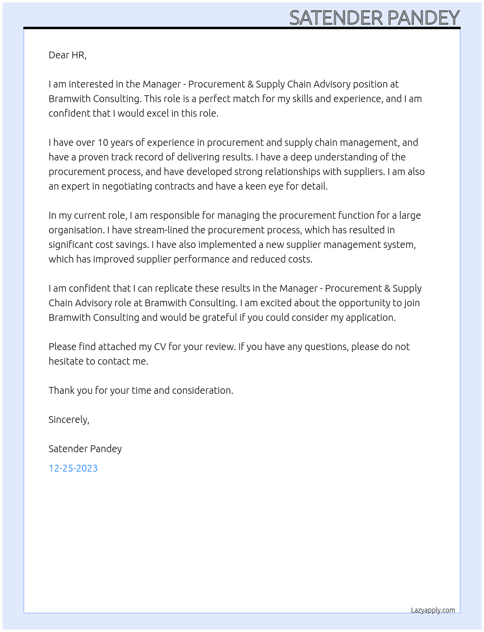 MANAGER - PROCUREMENT & SUPPLY CHAIN ADVISORY At Bramwith Consulting Cover Letter