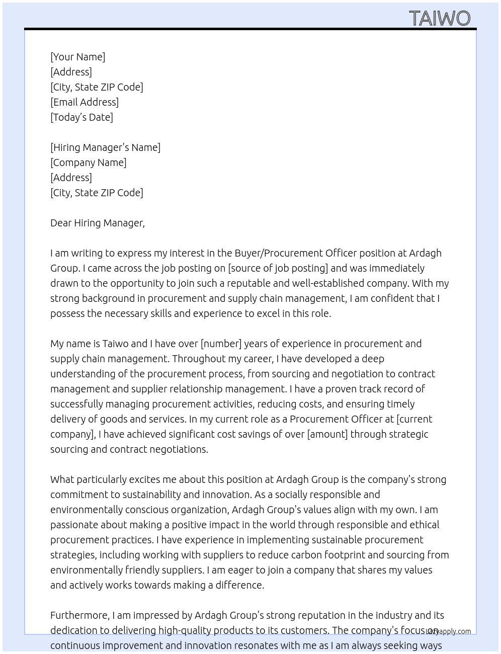 Buyer/procurement officer At Ardagh group Cover Letter