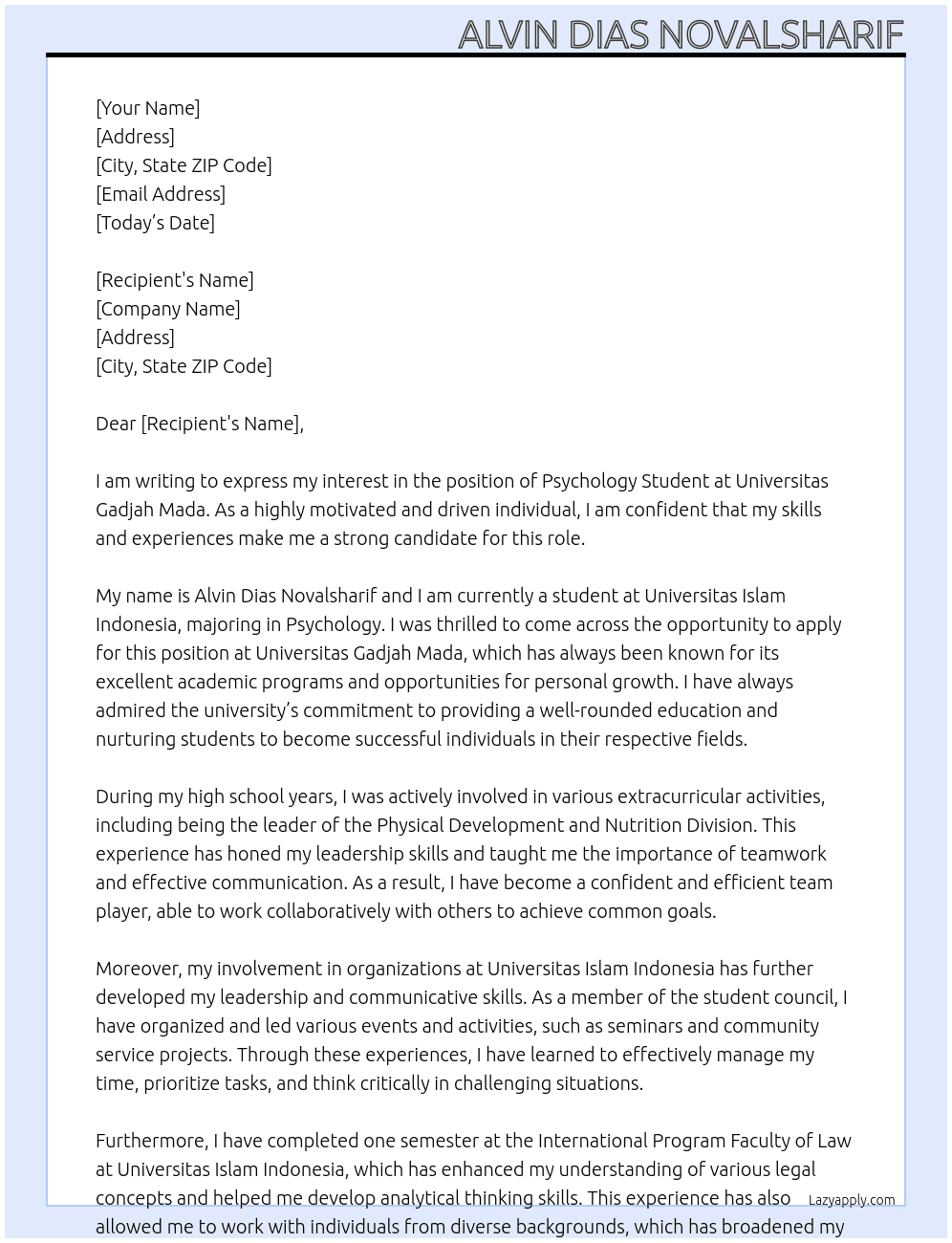 psychology student At universitas gadjah mada Cover Letter
