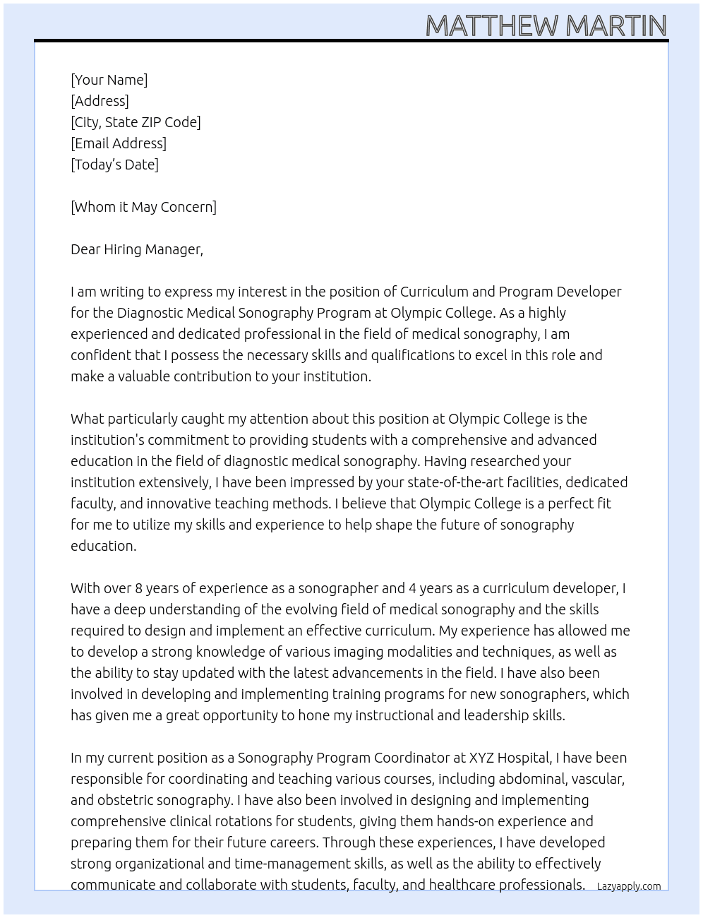 Curriculum and Program Developer for Diagnostic Medical Sonography Program At Olympic College Cover Letter