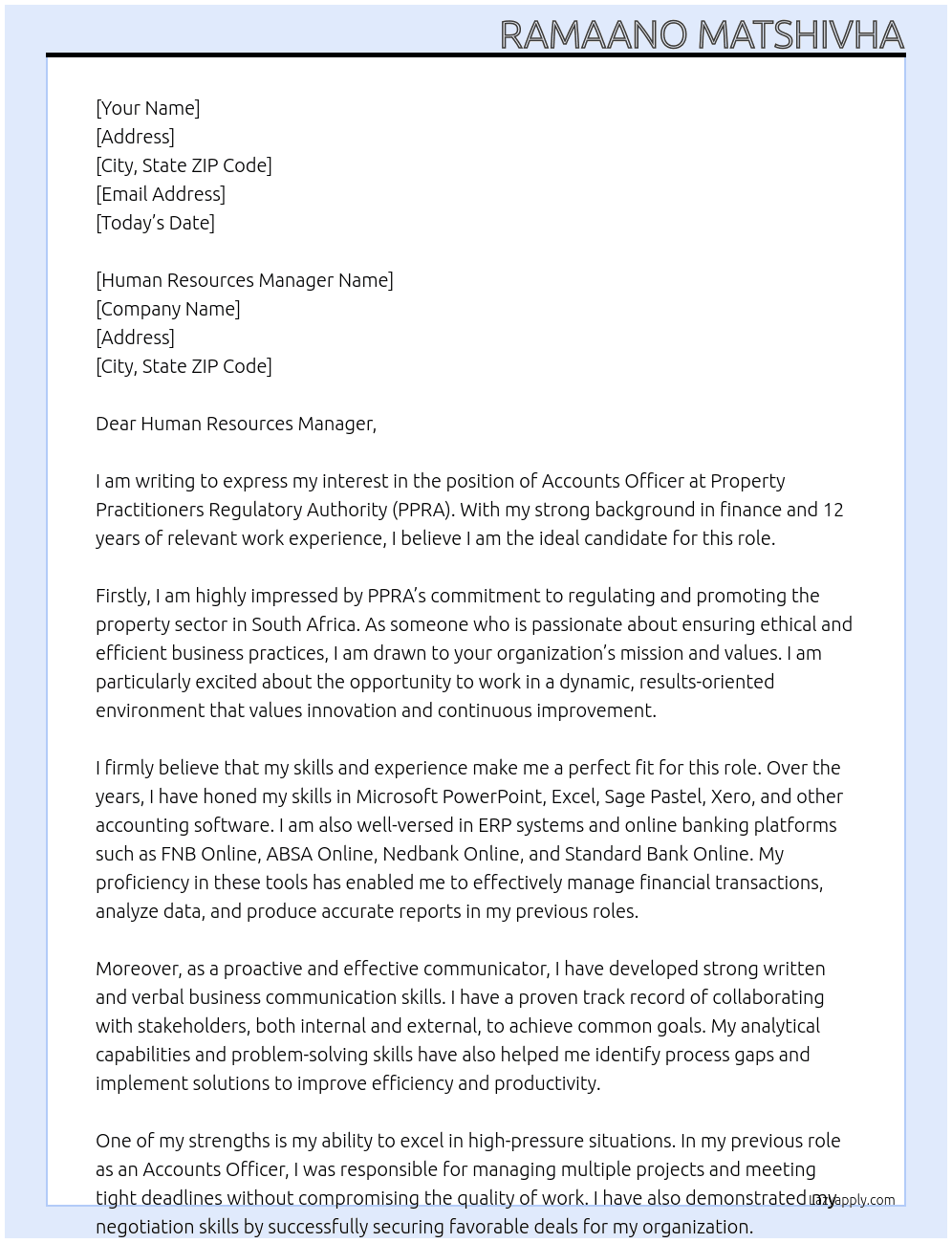 ACCOUNTS OFFICER  At PROPERTY PRACTITIONERS REGULATORY AUTHORITY (PPRA)  Cover Letter